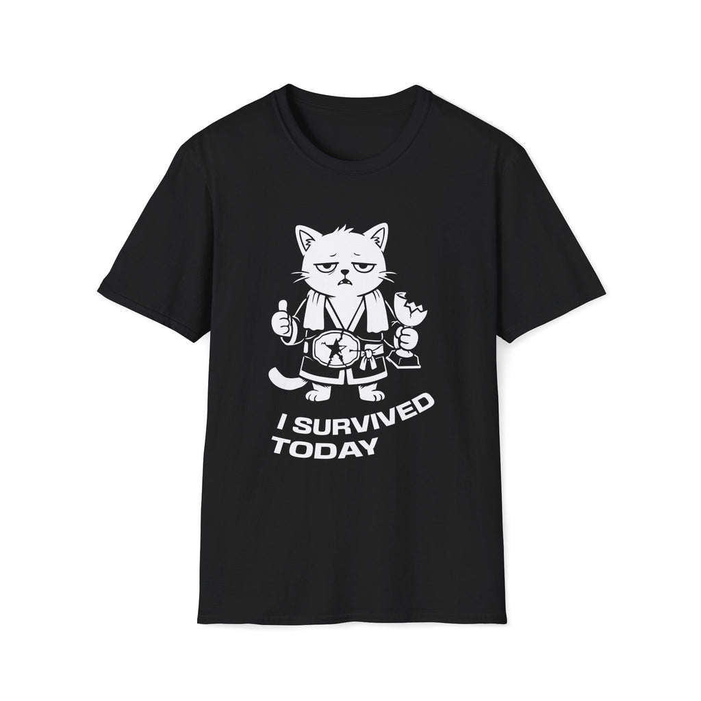 T-Shirt — 'I SURVIVED TODAY' Tired Cat Graphic Tee (Tired jokes)