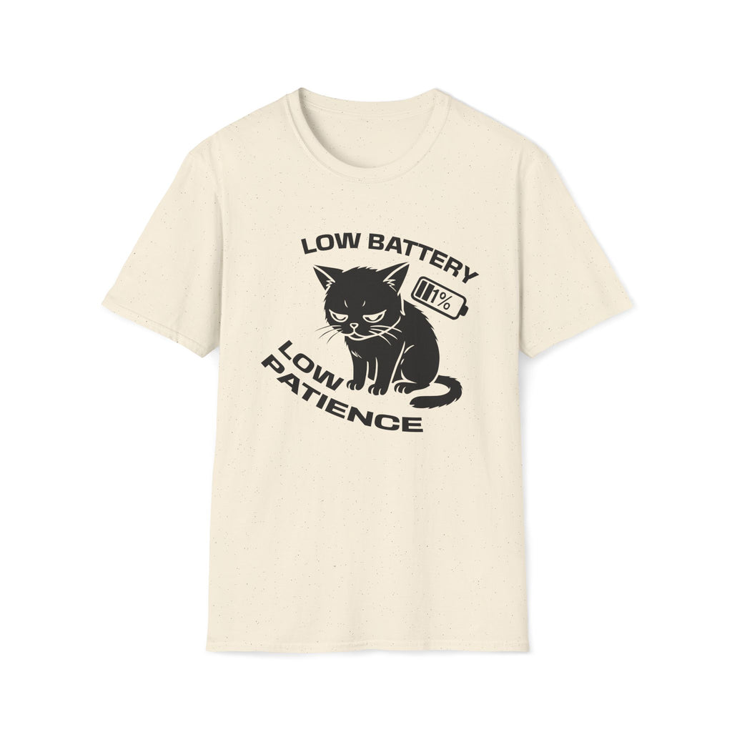 T-Shirt — 'LOW BATTERY LOW PATIENCE' Tired Cat Graphic Tee (Tired jokes)
