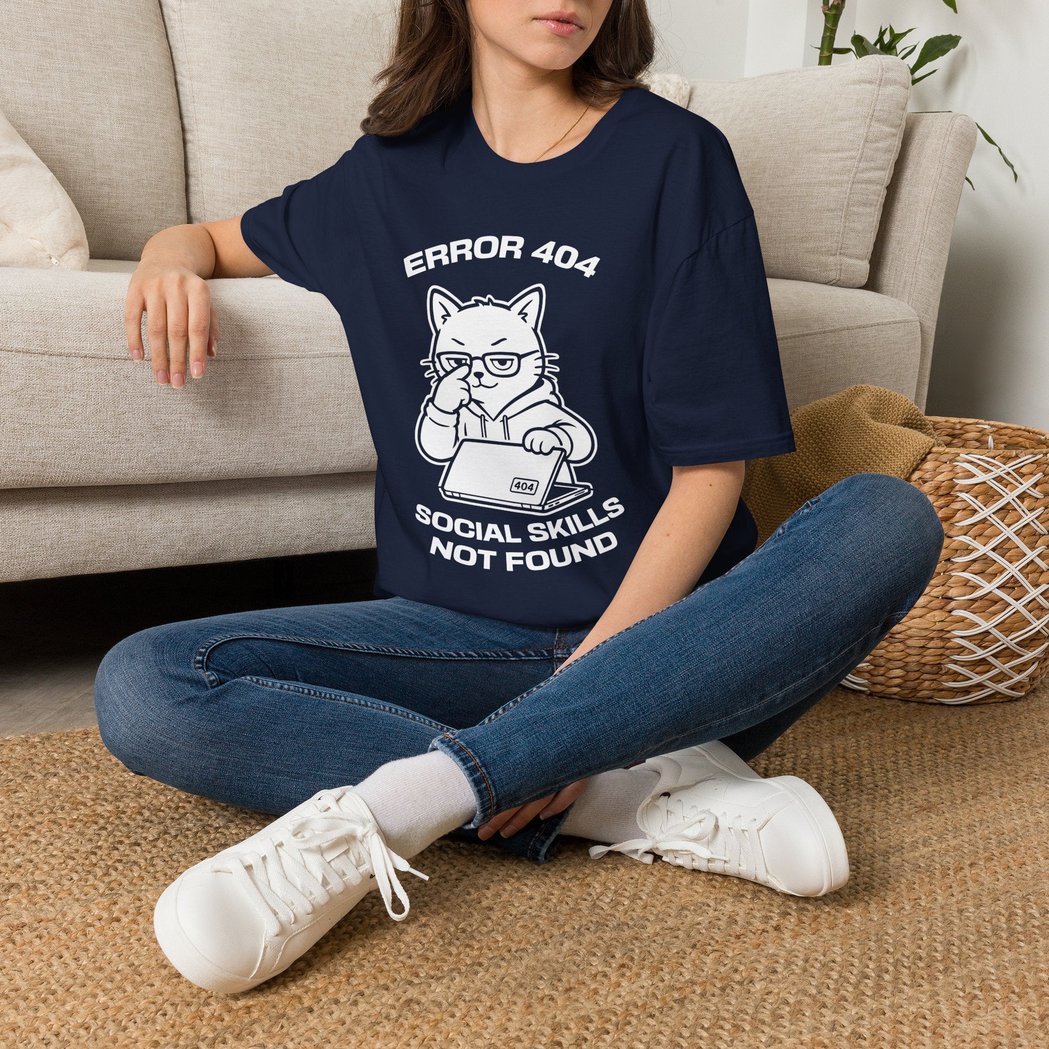 T-Shirt — 'ERROR 404 SOCIAL SKILLS NOT FOUND' Tired Cat Graphic Tee (Tired jokes)