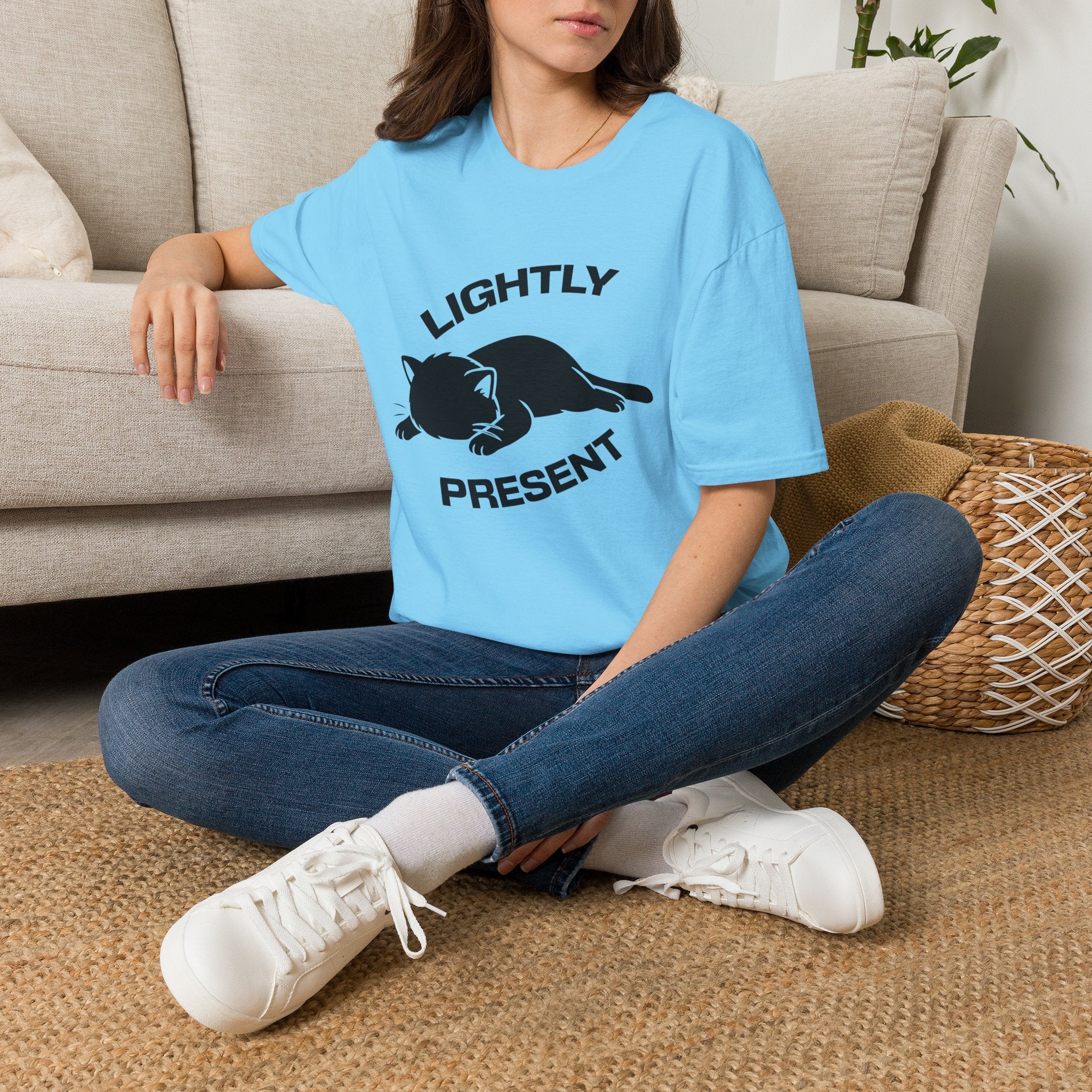 T-Shirt — 'Lightly Present' Tired Cat Graphic Tee (Tired jokes)