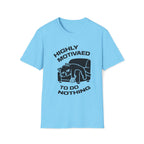 T-Shirt — 'HIGHLY MOTIVATED TO DO NOTHING' Tired Cat Graphic Tee (Tired jokes)