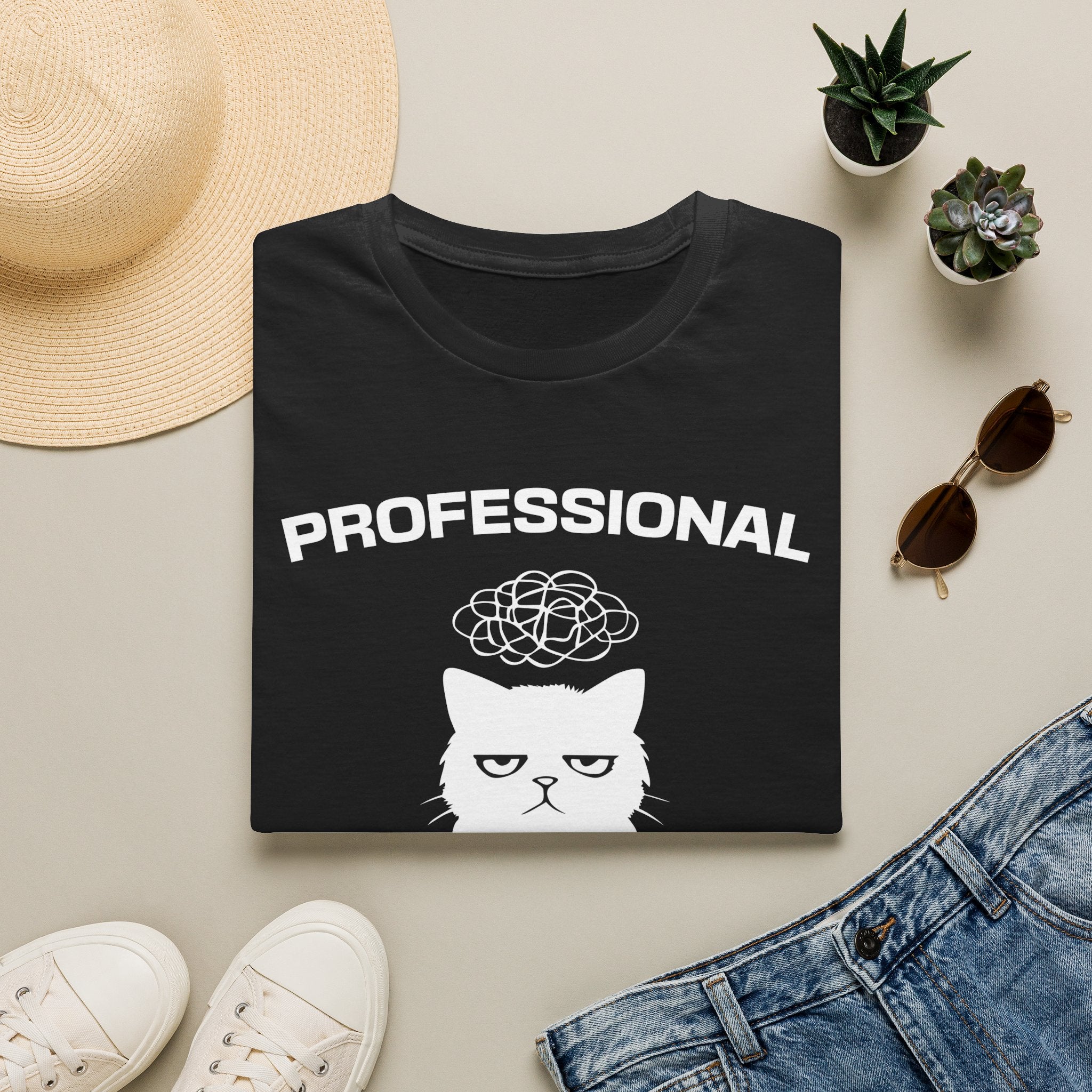 T-Shirt — 'Professional Overthinker' Tired Cat Graphic Tee (Tired jokes)