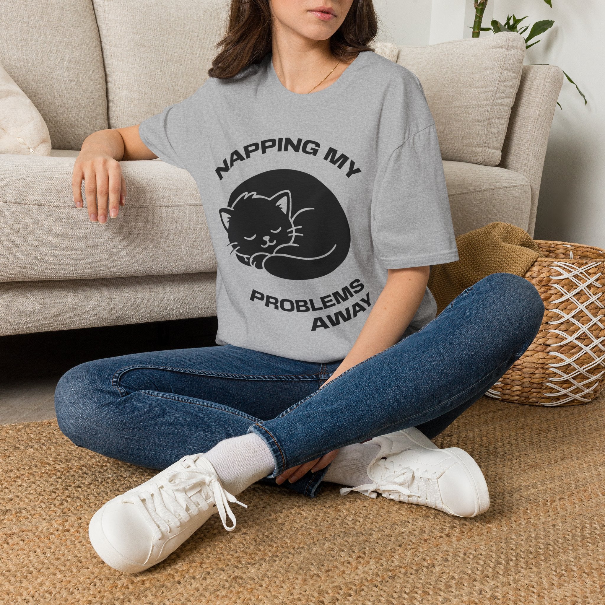 T-Shirt — 'NAPPING MY PROBLEMS AWAY' Tired Cat Graphic Tee (Tired jokes)