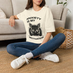 T-Shirt — 'ANXIETY IS MY MOTIVATION' Tired Cat Graphic Tee (Tired jokes)