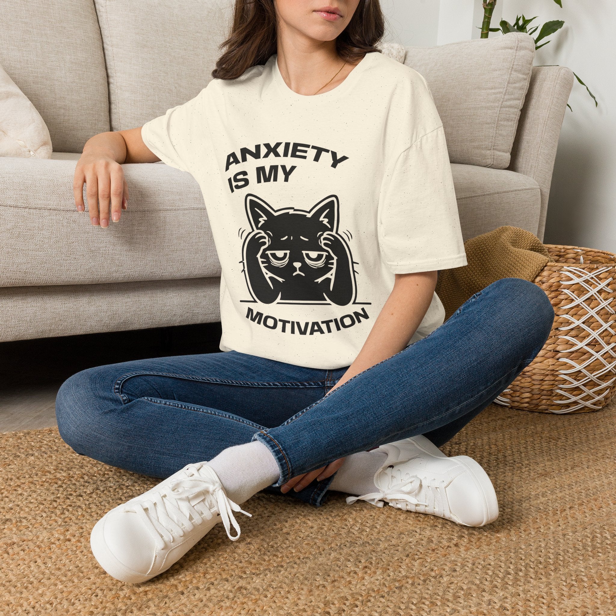 T-Shirt — 'ANXIETY IS MY MOTIVATION' Tired Cat Graphic Tee (Tired jokes)