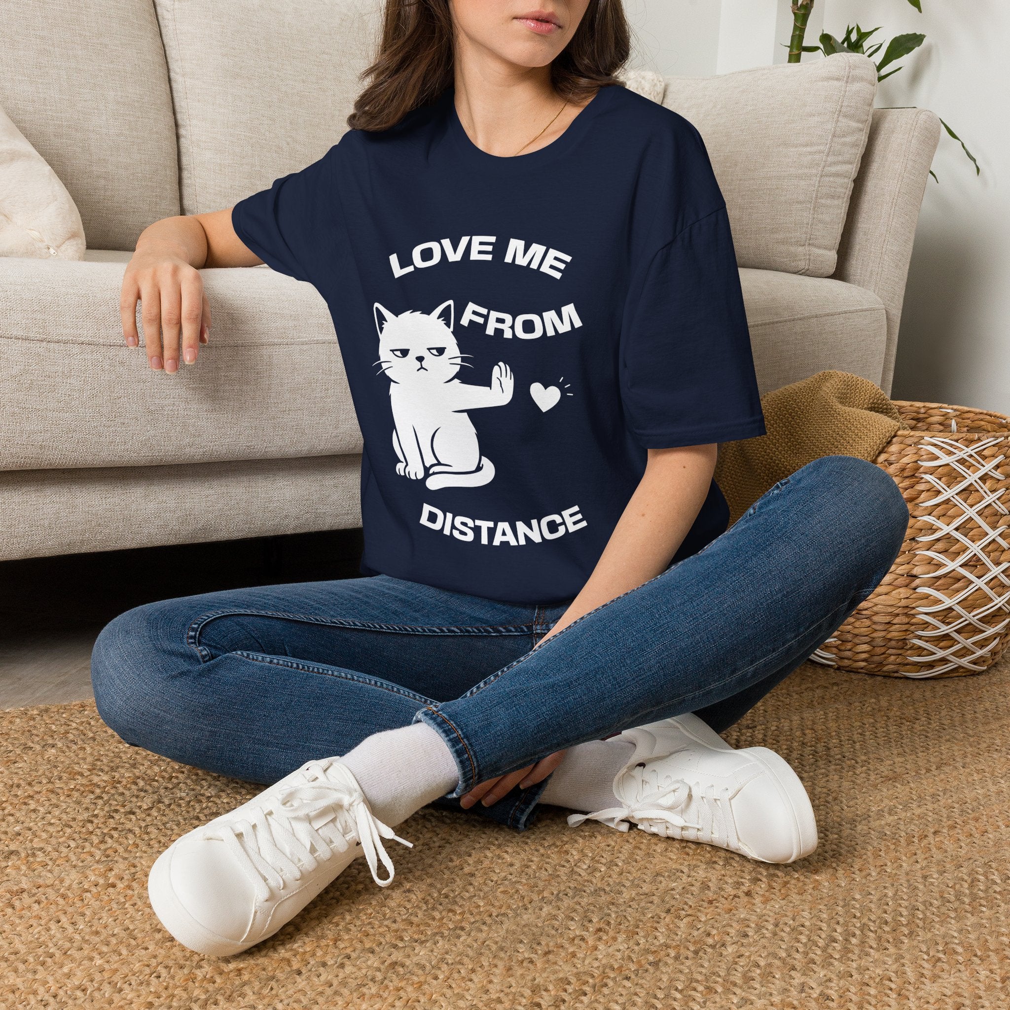 T-Shirt — 'Love Me From Distance' Tired Cat Graphic Tee (Tired jokes)