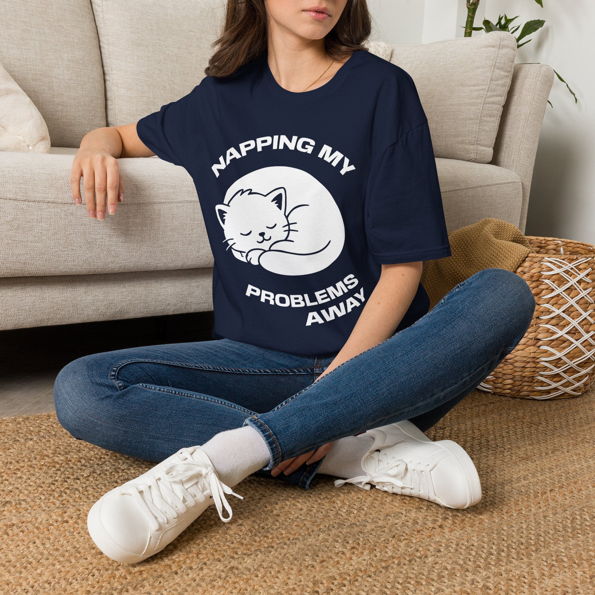 T-Shirt — 'NAPPING MY PROBLEMS AWAY' Tired Cat Graphic Tee (Tired jokes)