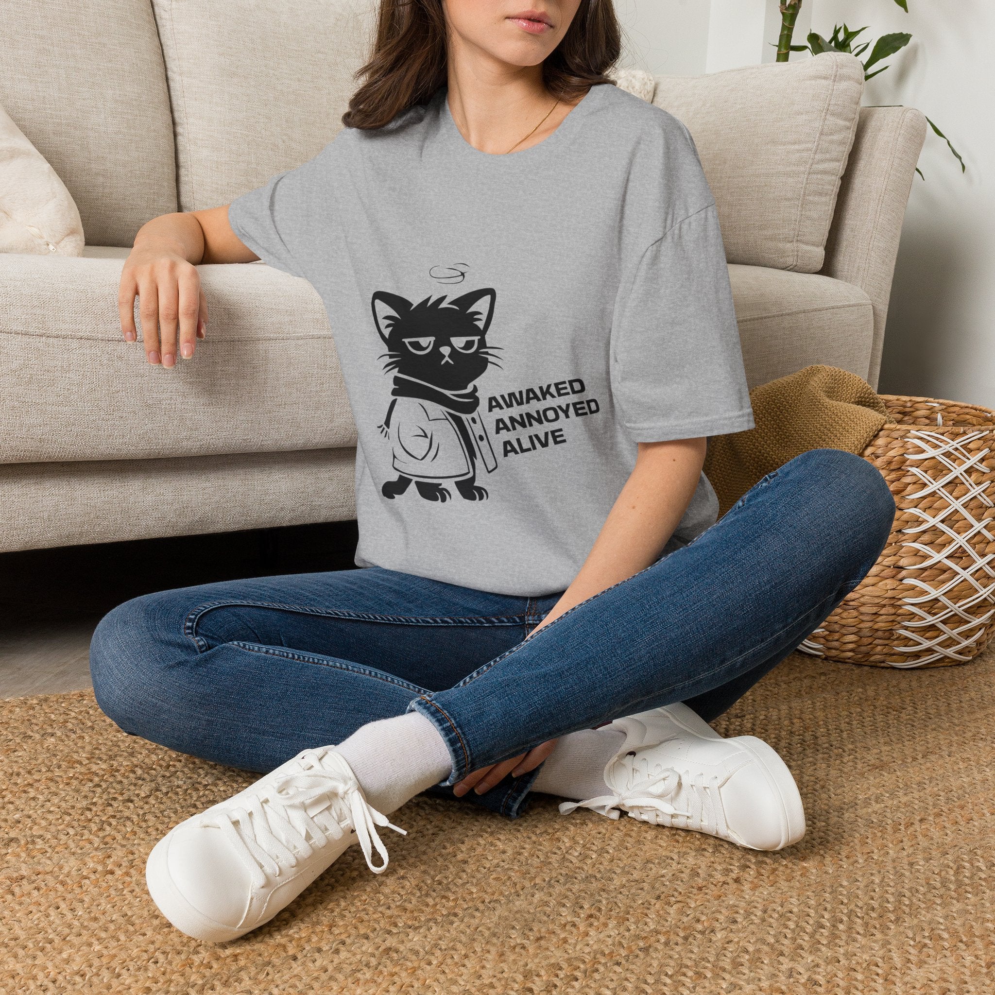 T-Shirt — 'AWAKED ANNOYED ALIVE' Tired Cat Graphic Tee (Tired jokes)