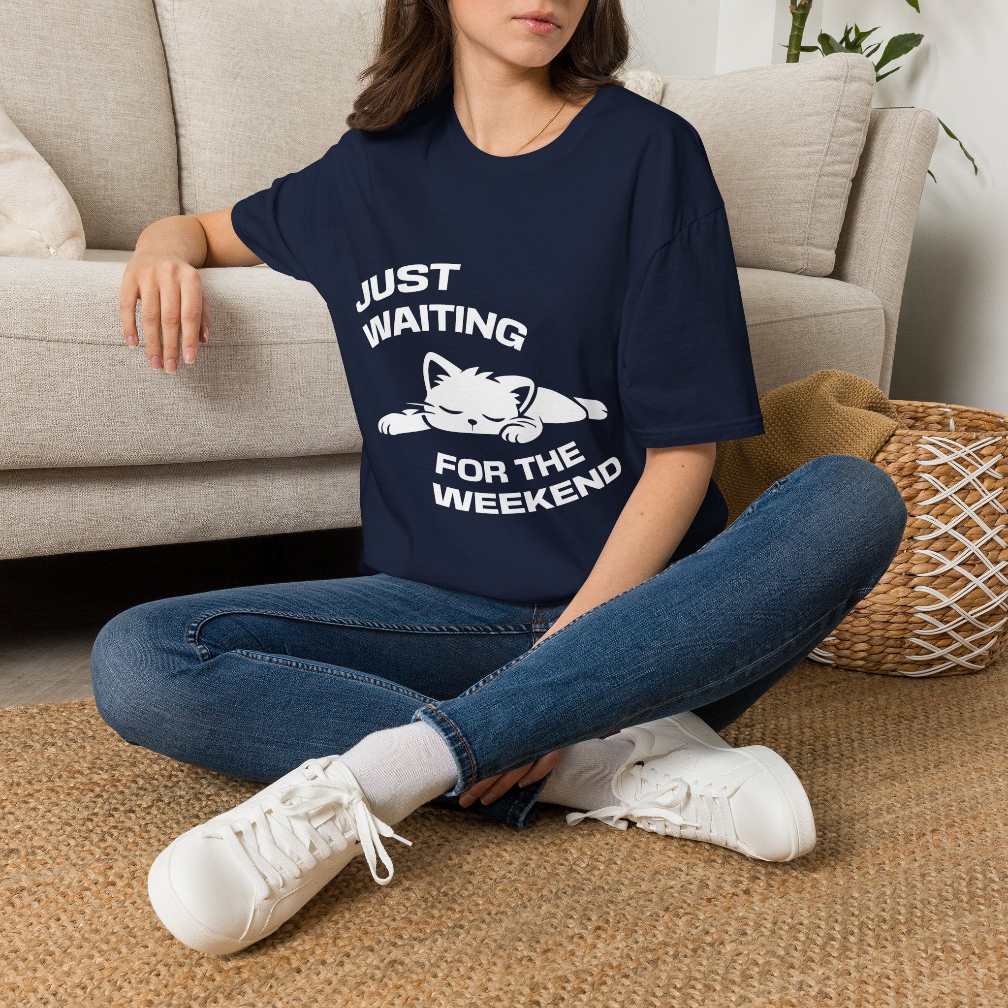T-Shirt — 'JUST WAITING FOR THE WEEKEND' Tired Cat Graphic Tee (Tired jokes)