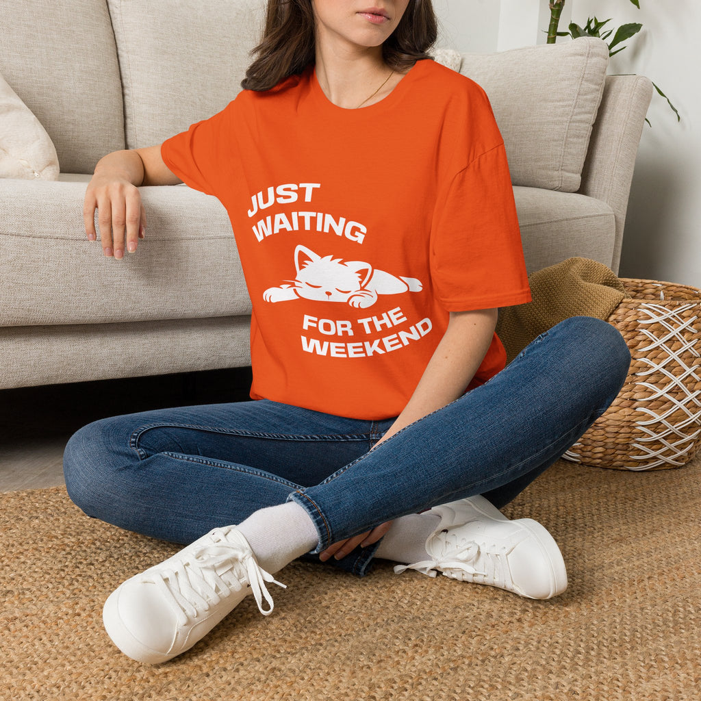 T-Shirt — 'JUST WAITING FOR THE WEEKEND' Tired Cat Graphic Tee (Tired jokes)