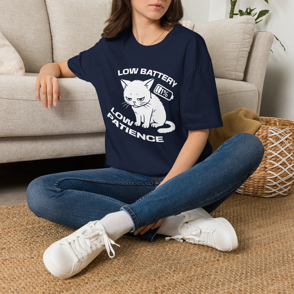 T-Shirt — 'LOW BATTERY LOW PATIENCE' Tired Cat Graphic Tee (Tired jokes)