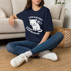 T-Shirt — 'LOW BATTERY LOW PATIENCE' Tired Cat Graphic Tee (Tired jokes)