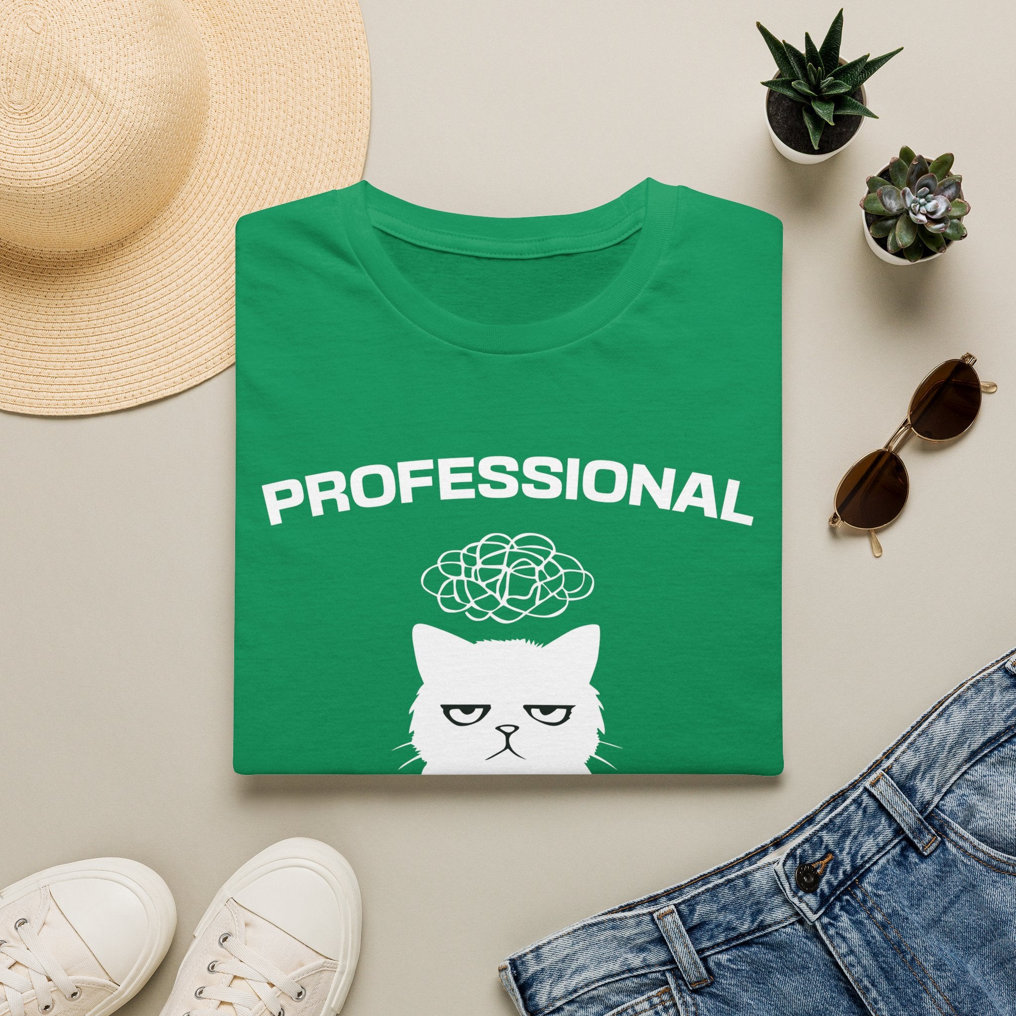 T-Shirt — 'Professional Overthinker' Tired Cat Graphic Tee (Tired jokes)
