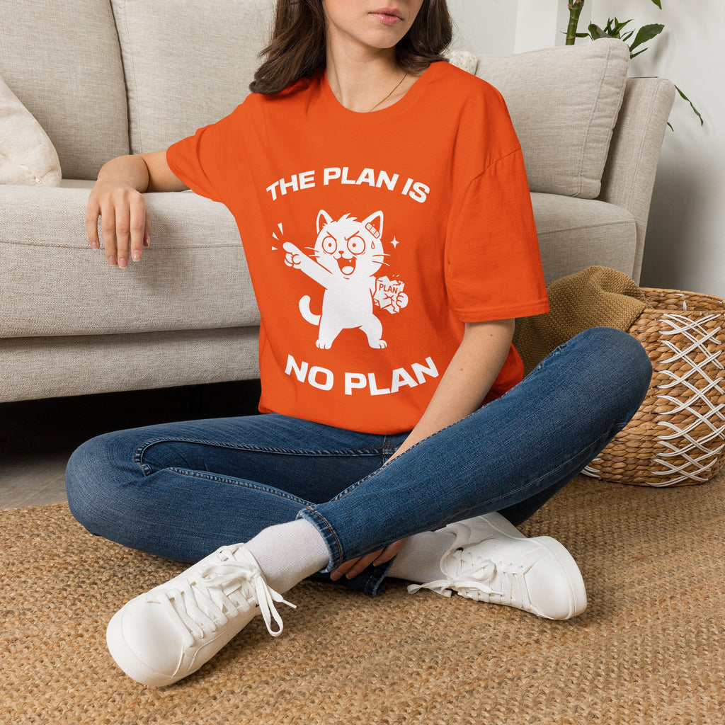 T-Shirt — 'The Plan Is No Plan' Tired Cat Graphic Tee (Tired jokes)
