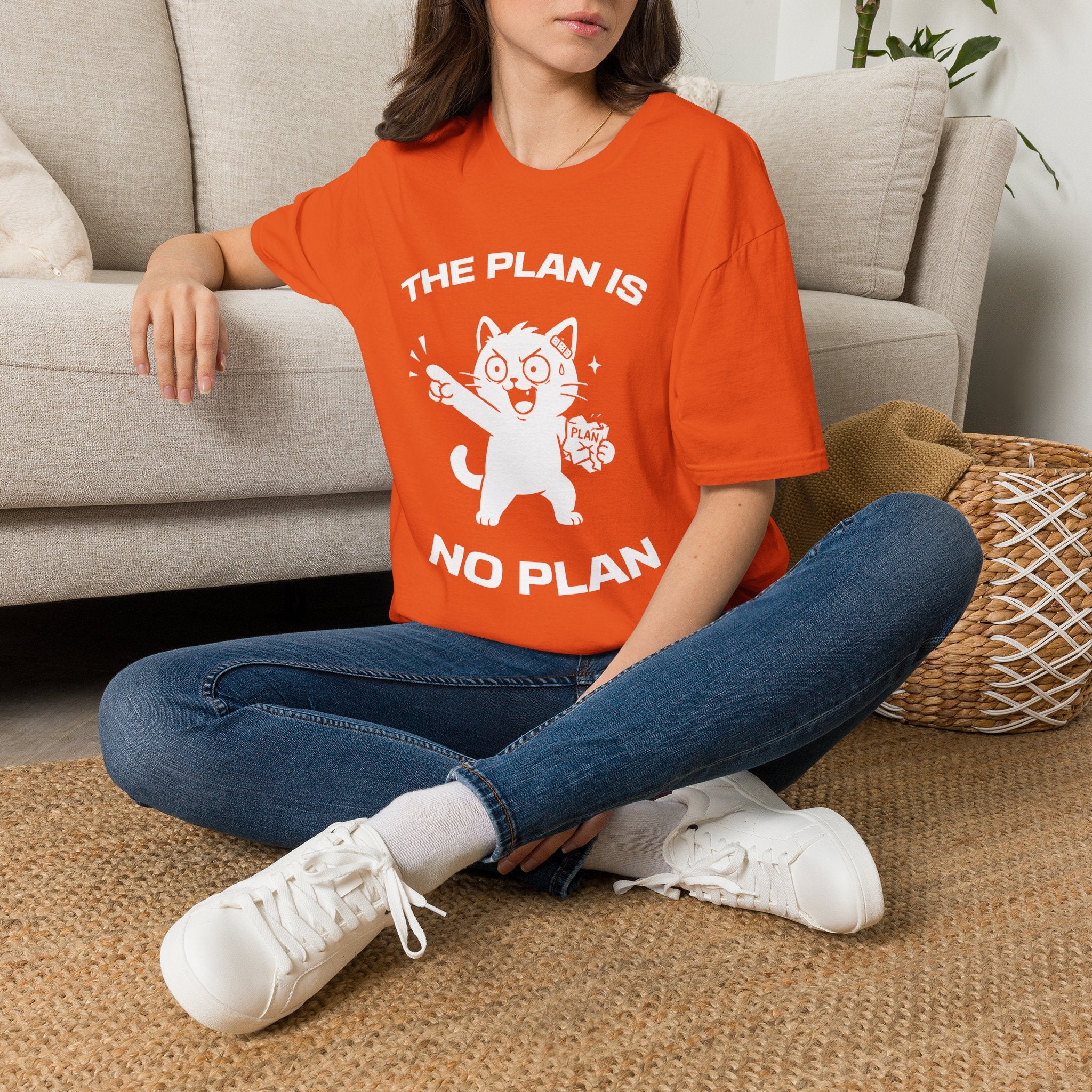 T-Shirt — 'The Plan Is No Plan' Tired Cat Graphic Tee (Tired jokes)