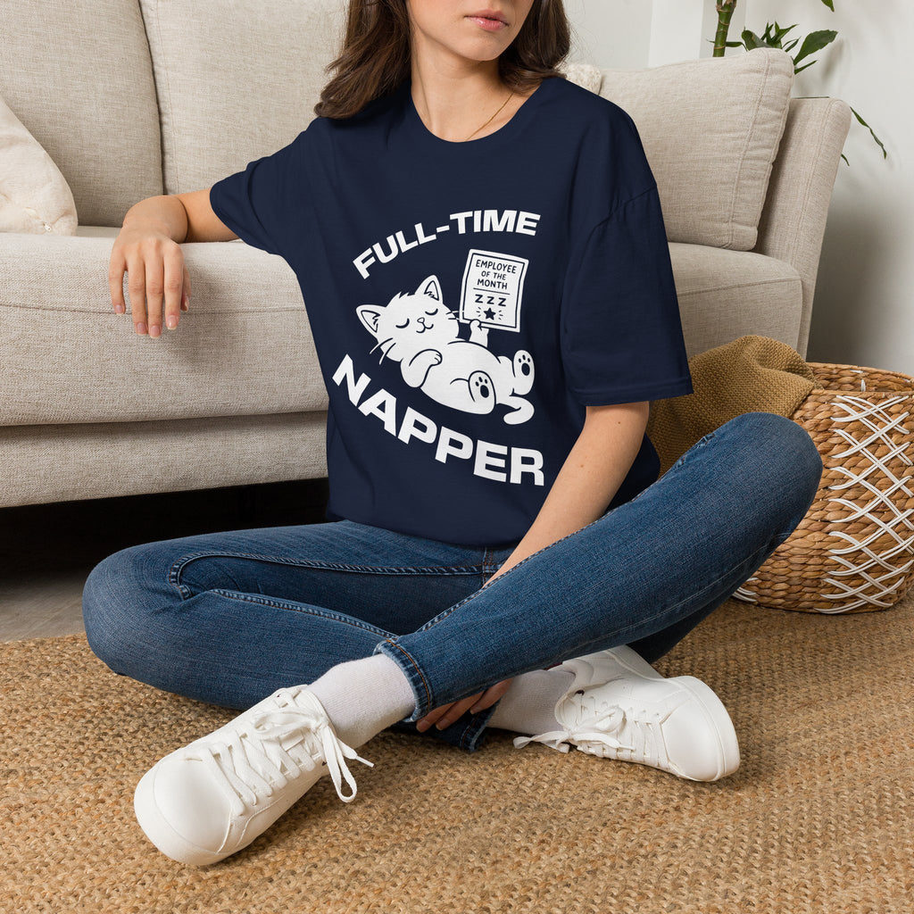 T-Shirt — 'Full Time Napper' Tired Cat Graphic Tee (Tired jokes)