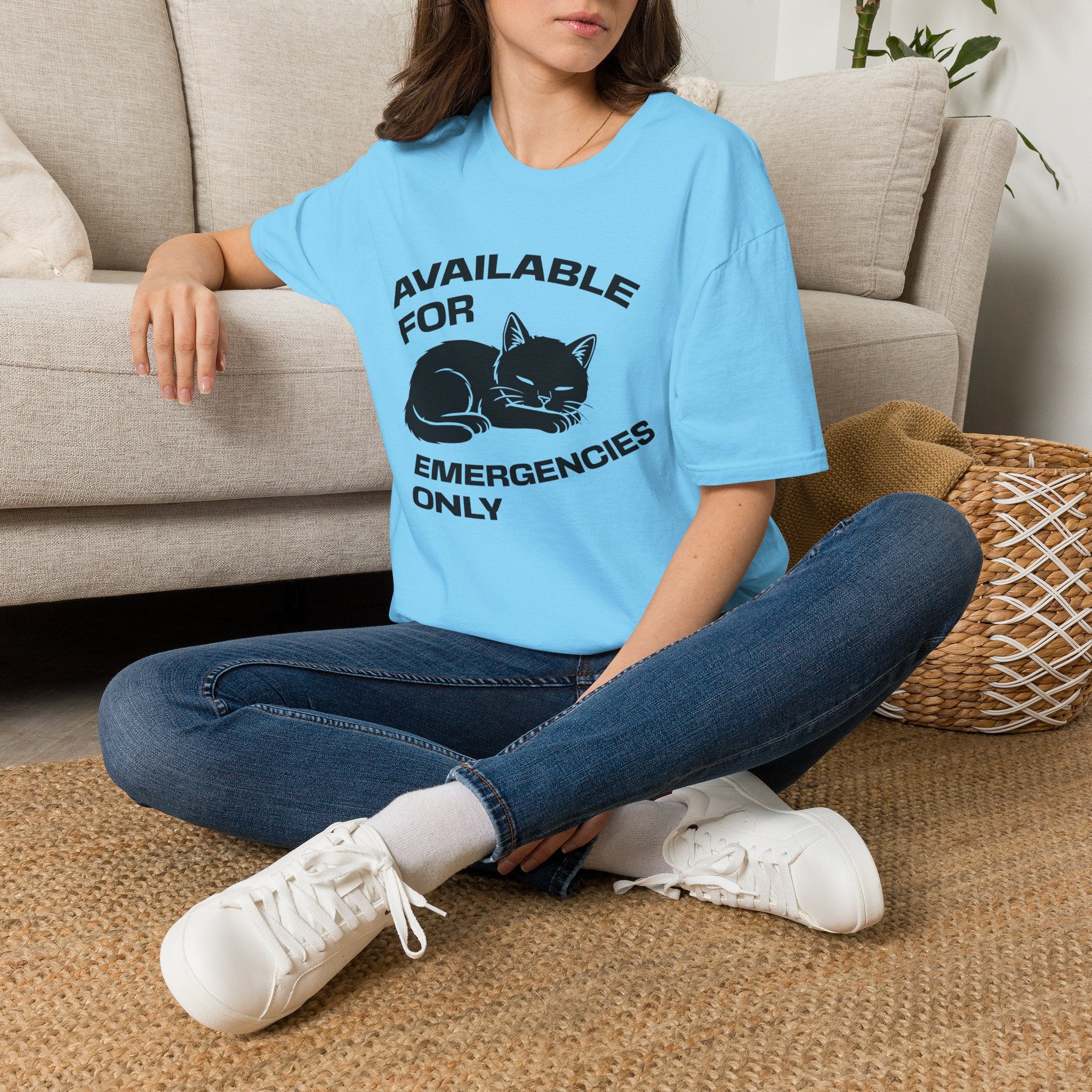 T-Shirt — 'AVAILABLE FOR EMERGENCIES ONLY' Tired Cat Graphic Tee (Tired jokes)
