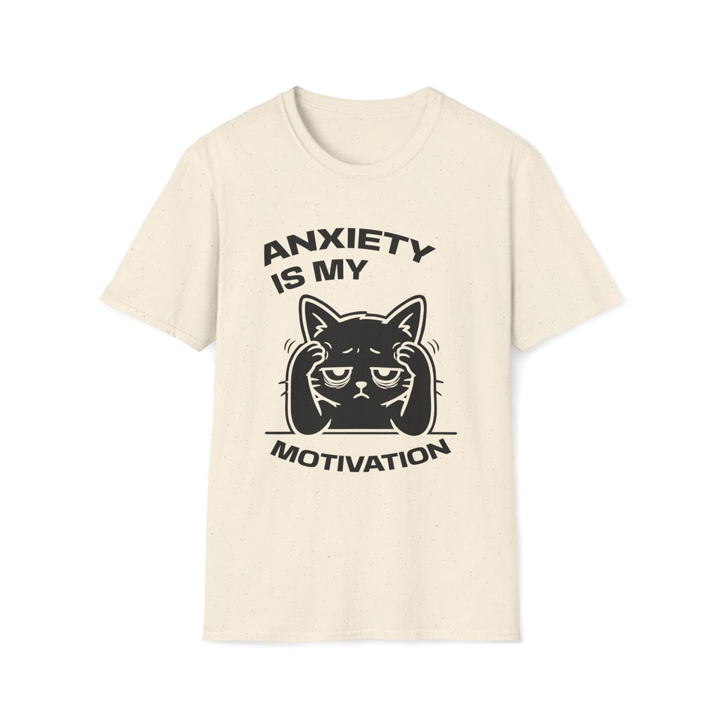 T-Shirt — 'ANXIETY IS MY MOTIVATION' Tired Cat Graphic Tee (Tired jokes)