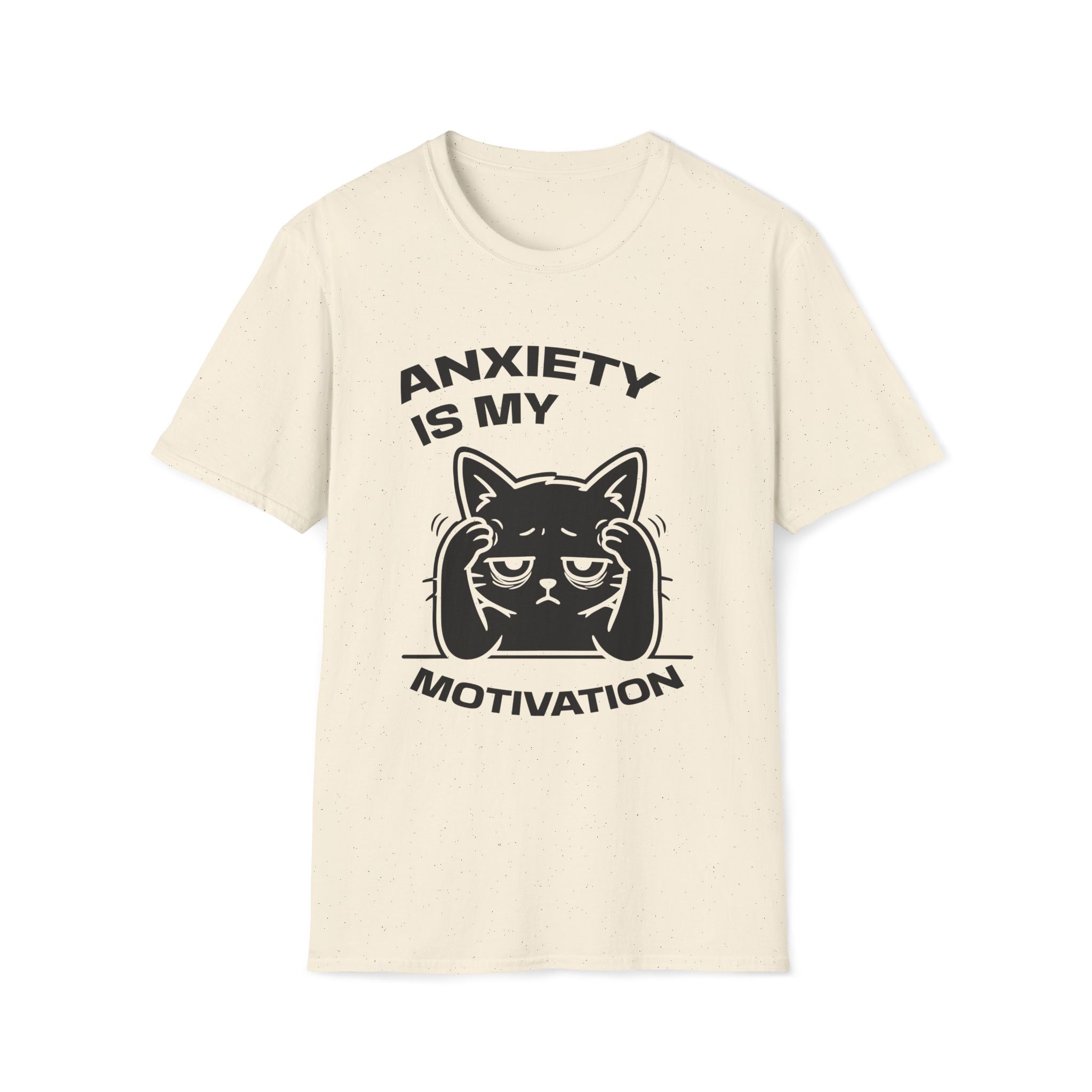 T-Shirt — 'ANXIETY IS MY MOTIVATION' Tired Cat Graphic Tee (Tired jokes)