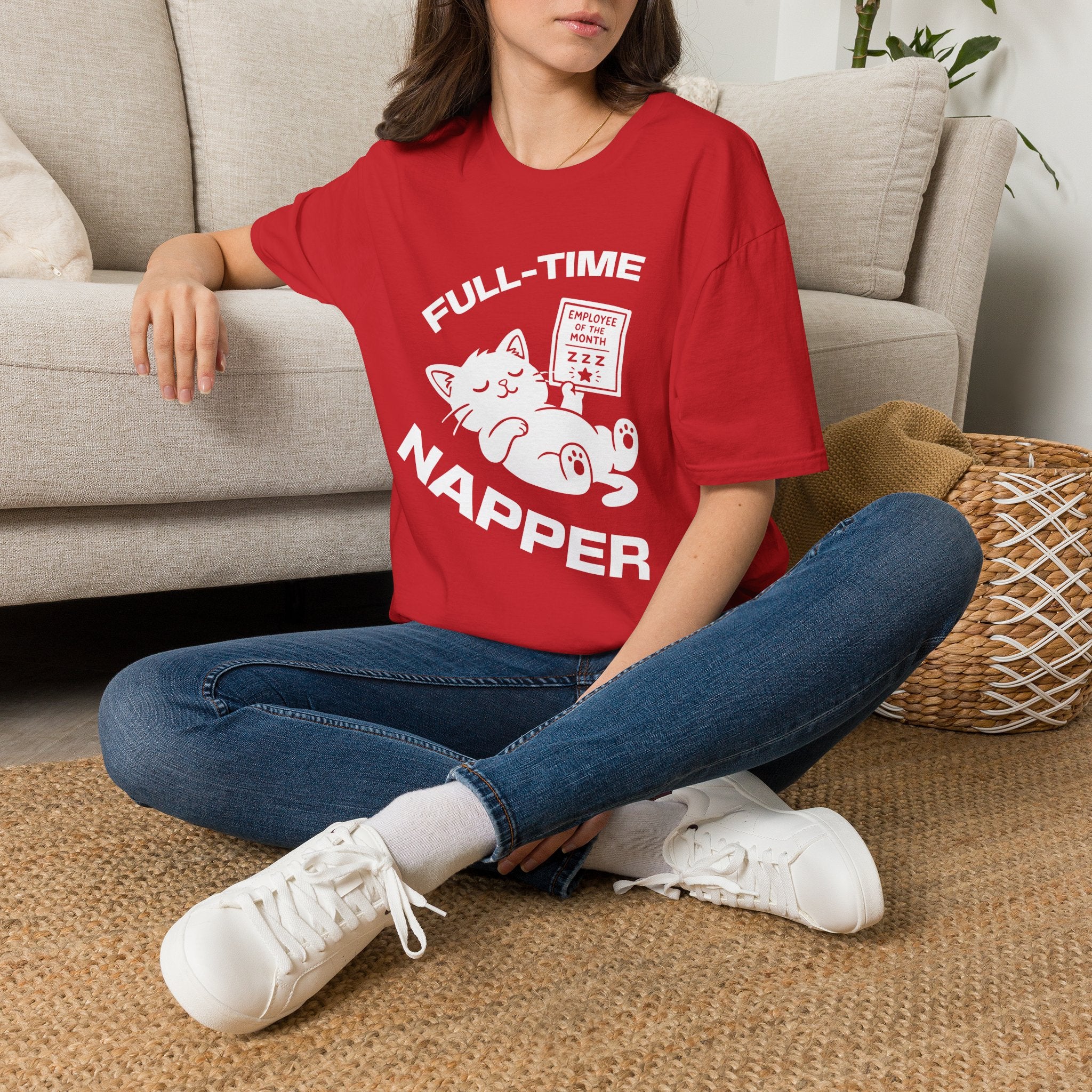T-Shirt — 'Full Time Napper' Tired Cat Graphic Tee (Tired jokes)