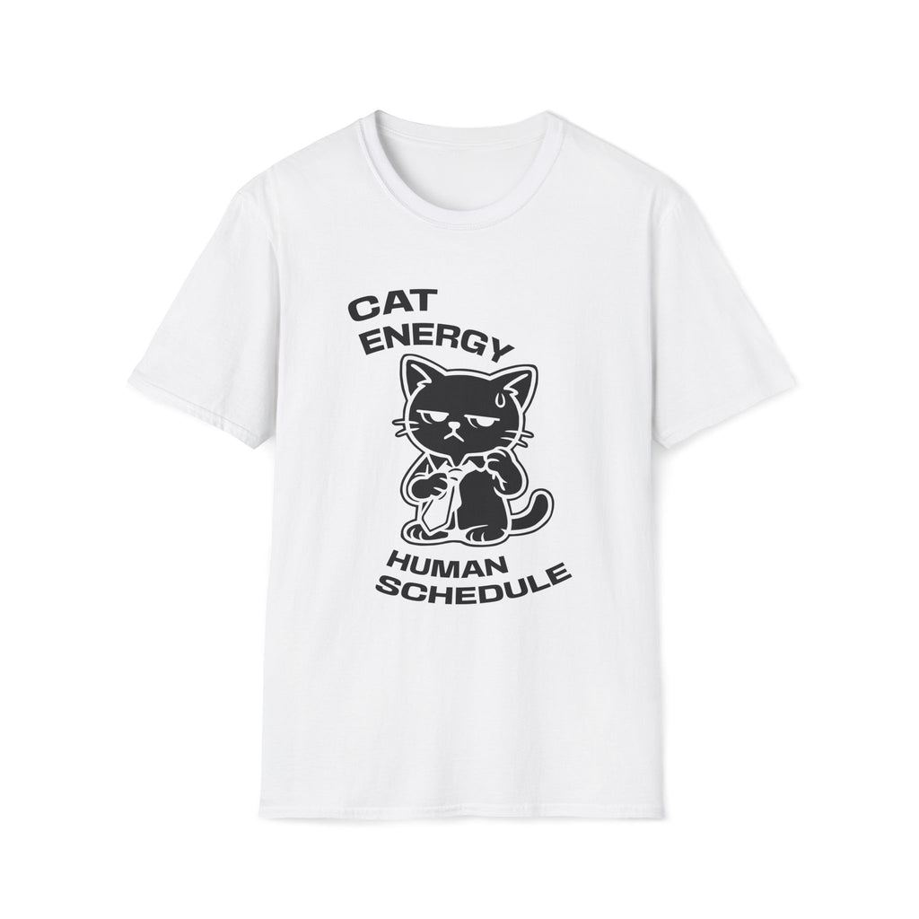 T-Shirt — 'CAT ENERGY HUMAN SCHEDULE' Tired Cat Graphic Tee (Tired jokes)