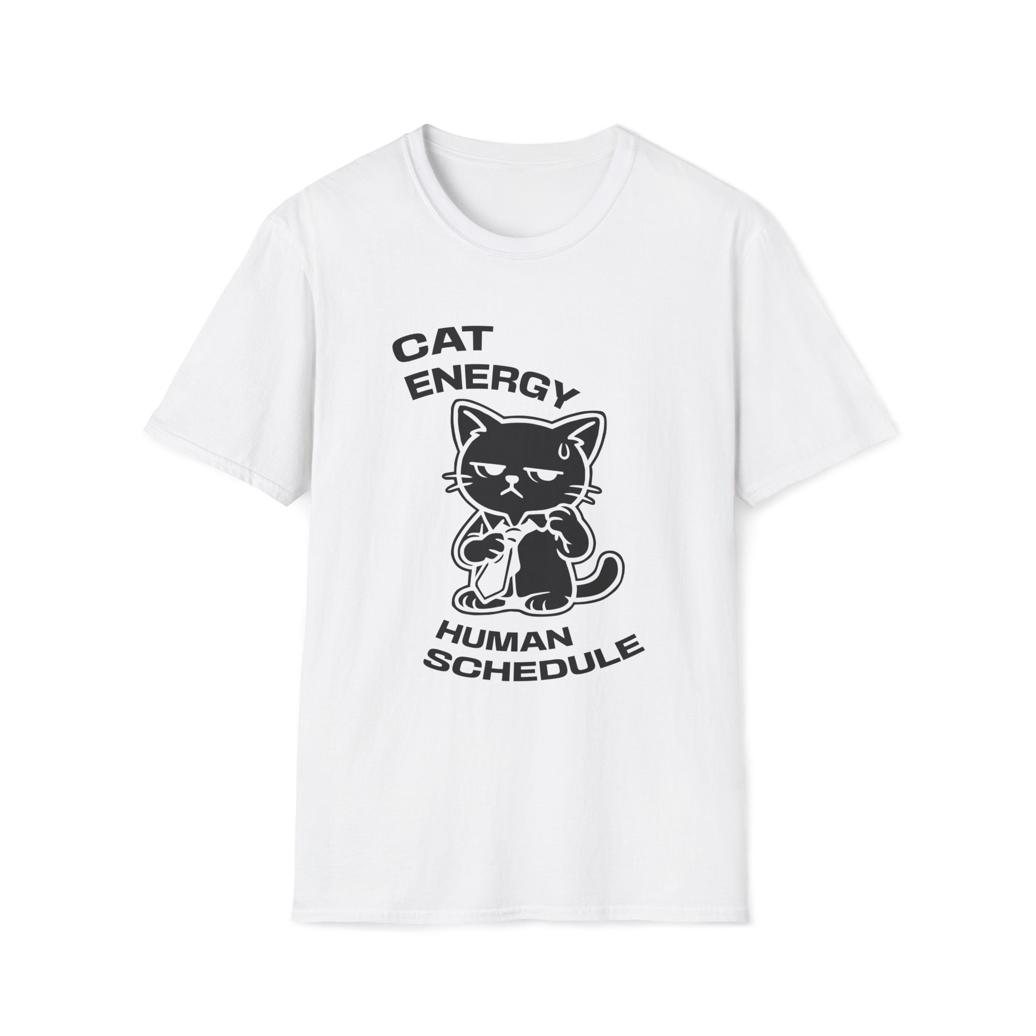 T-Shirt — 'CAT ENERGY HUMAN SCHEDULE' Tired Cat Graphic Tee (Tired jokes)