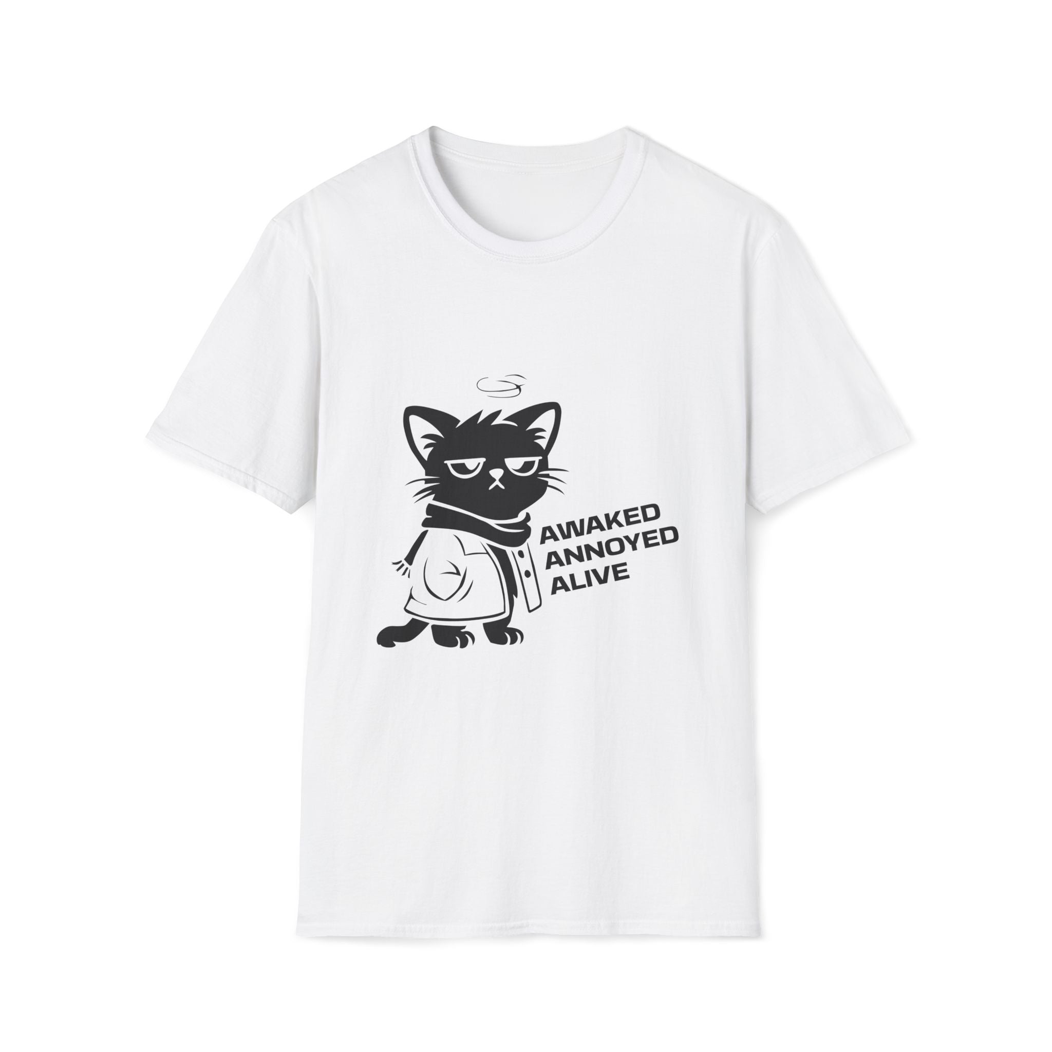 T-Shirt — 'AWAKED ANNOYED ALIVE' Tired Cat Graphic Tee (Tired jokes)