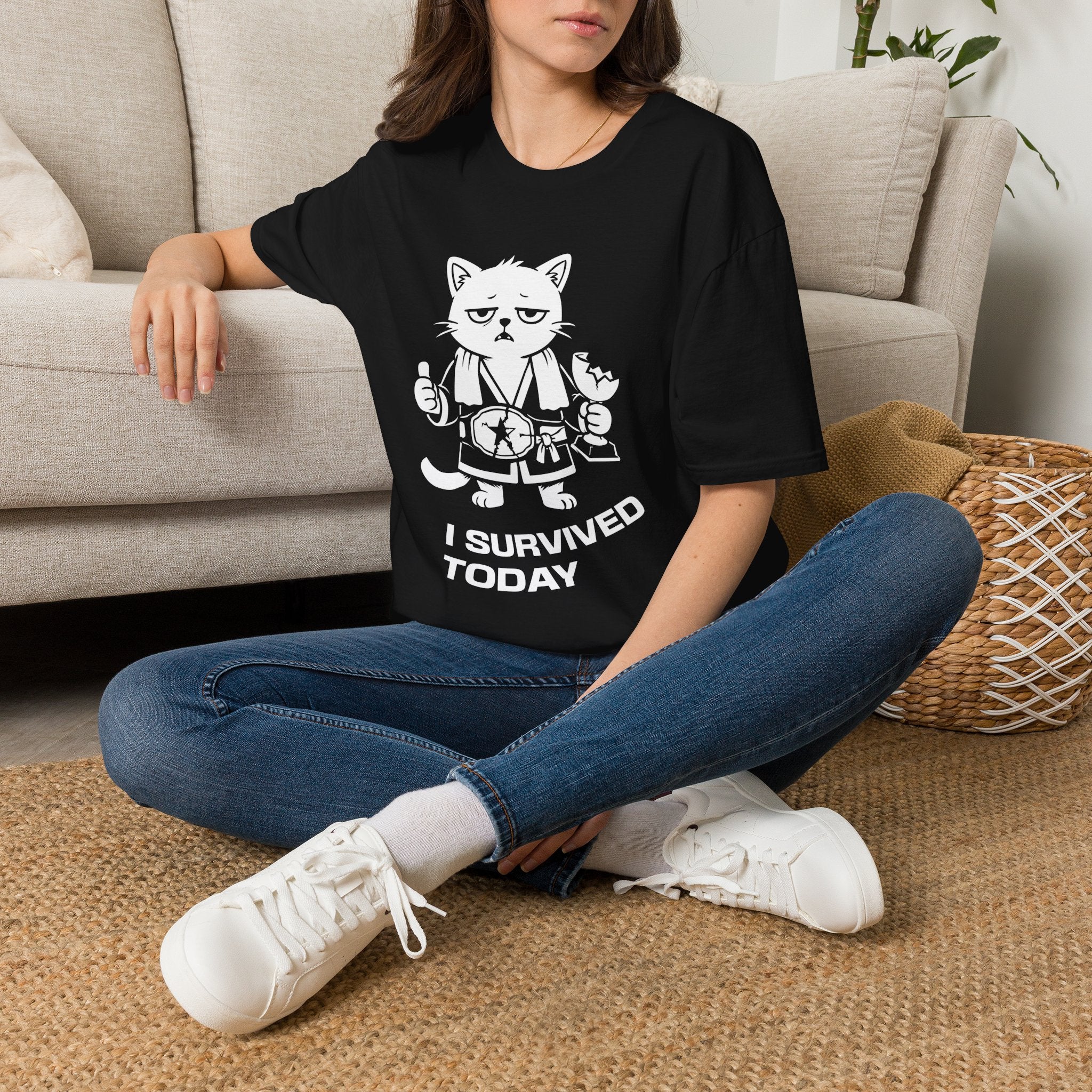 T-Shirt — 'I SURVIVED TODAY' Tired Cat Graphic Tee (Tired jokes)