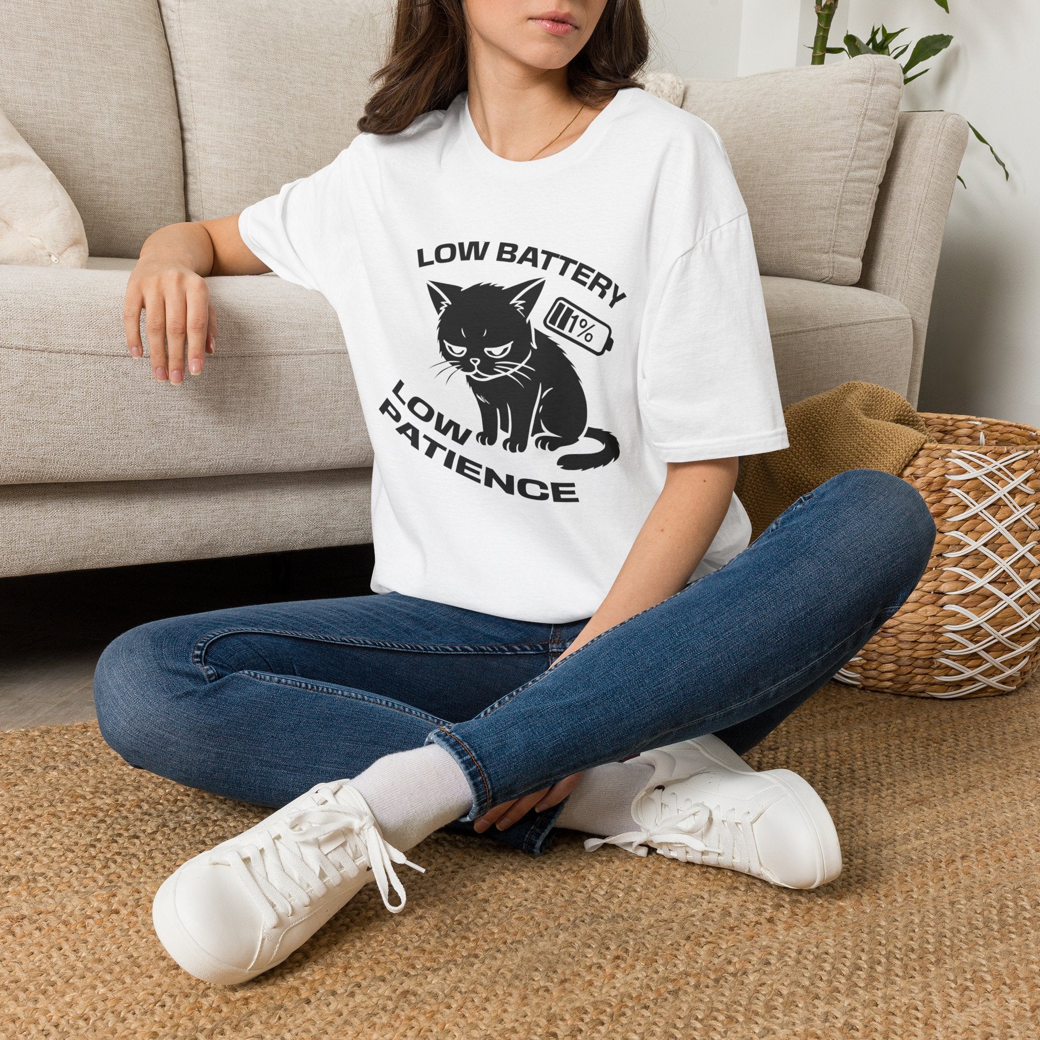 T-Shirt — 'LOW BATTERY LOW PATIENCE' Tired Cat Graphic Tee (Tired jokes)