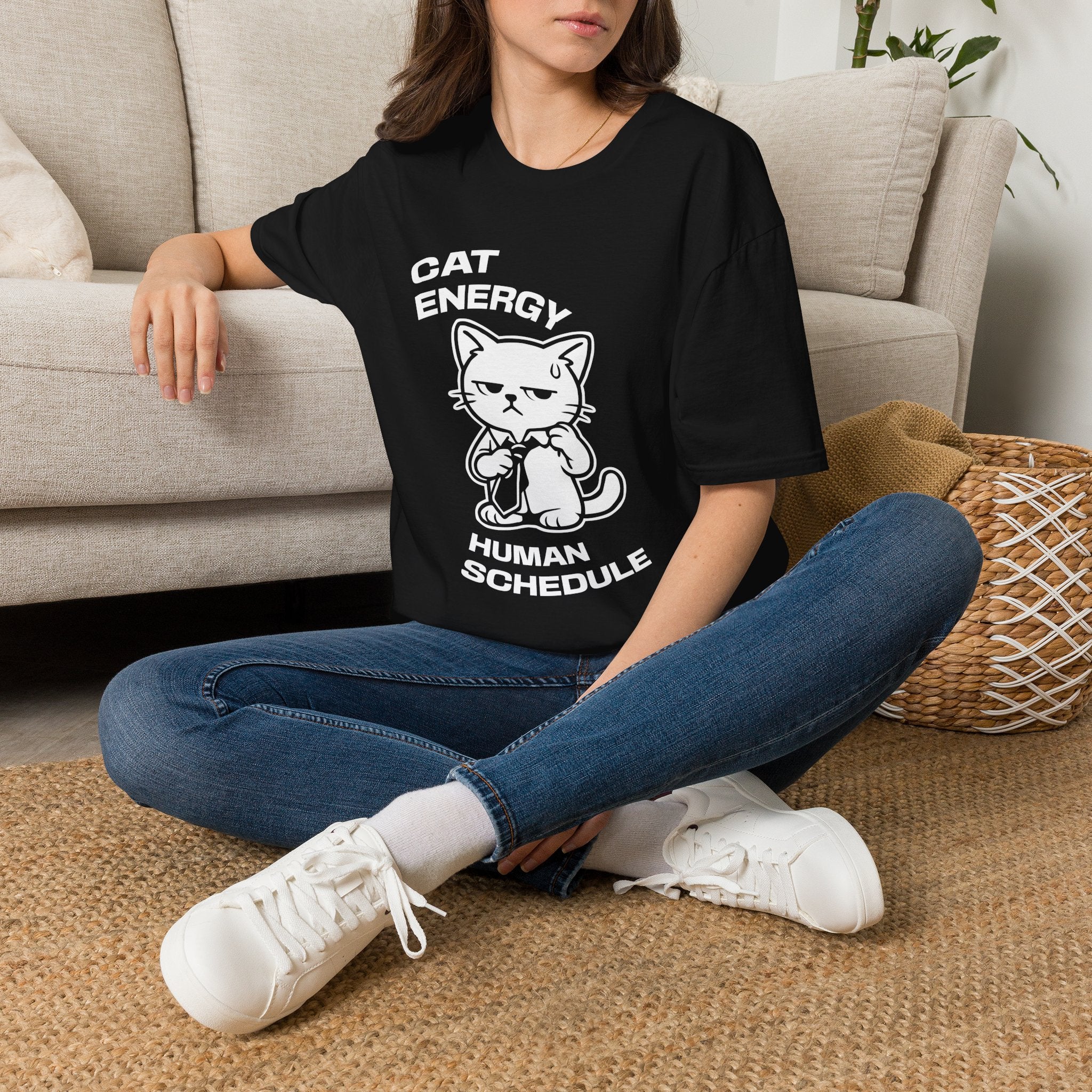 T-Shirt — 'CAT ENERGY HUMAN SCHEDULE' Tired Cat Graphic Tee (Tired jokes)