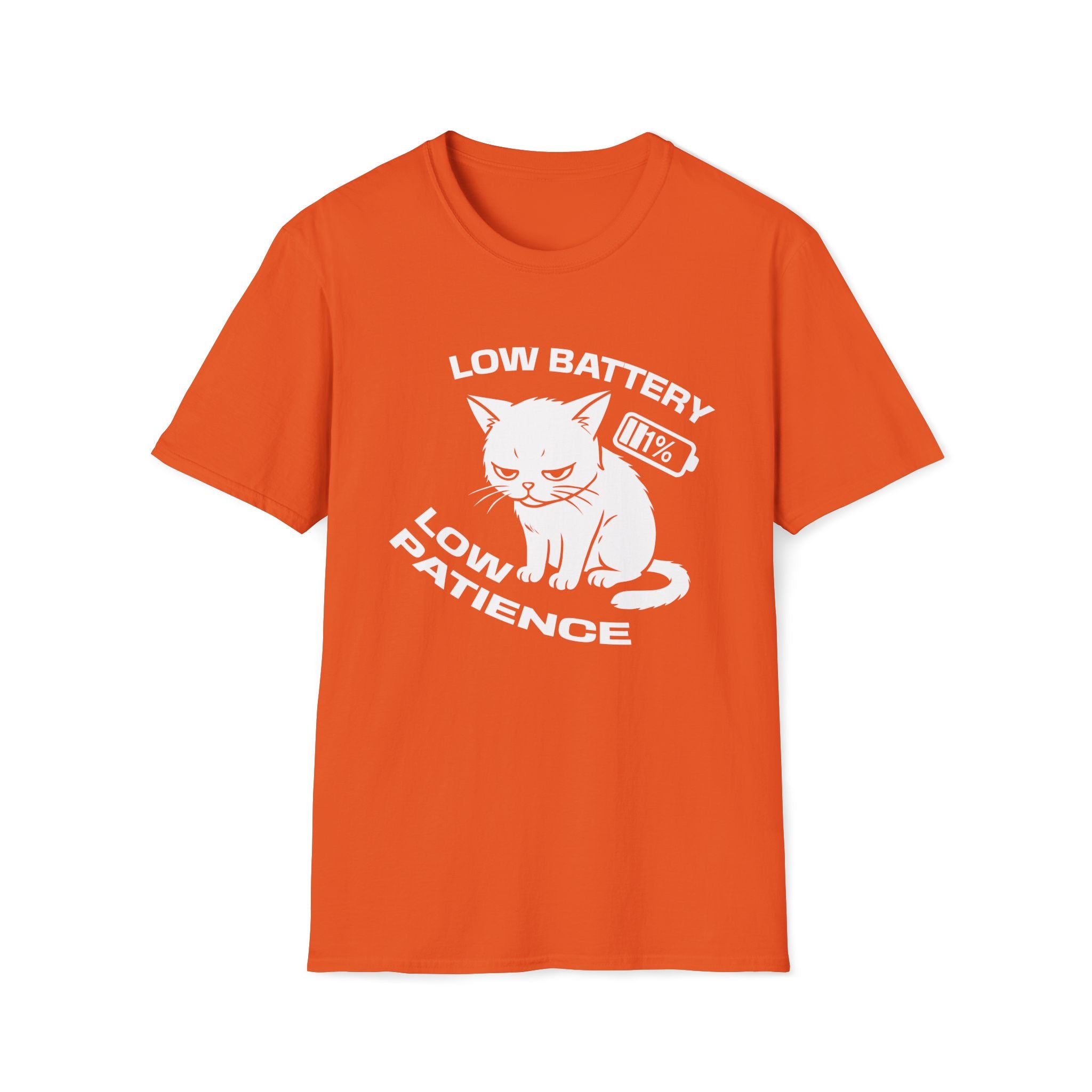 T-Shirt — 'LOW BATTERY LOW PATIENCE' Tired Cat Graphic Tee (Tired jokes)