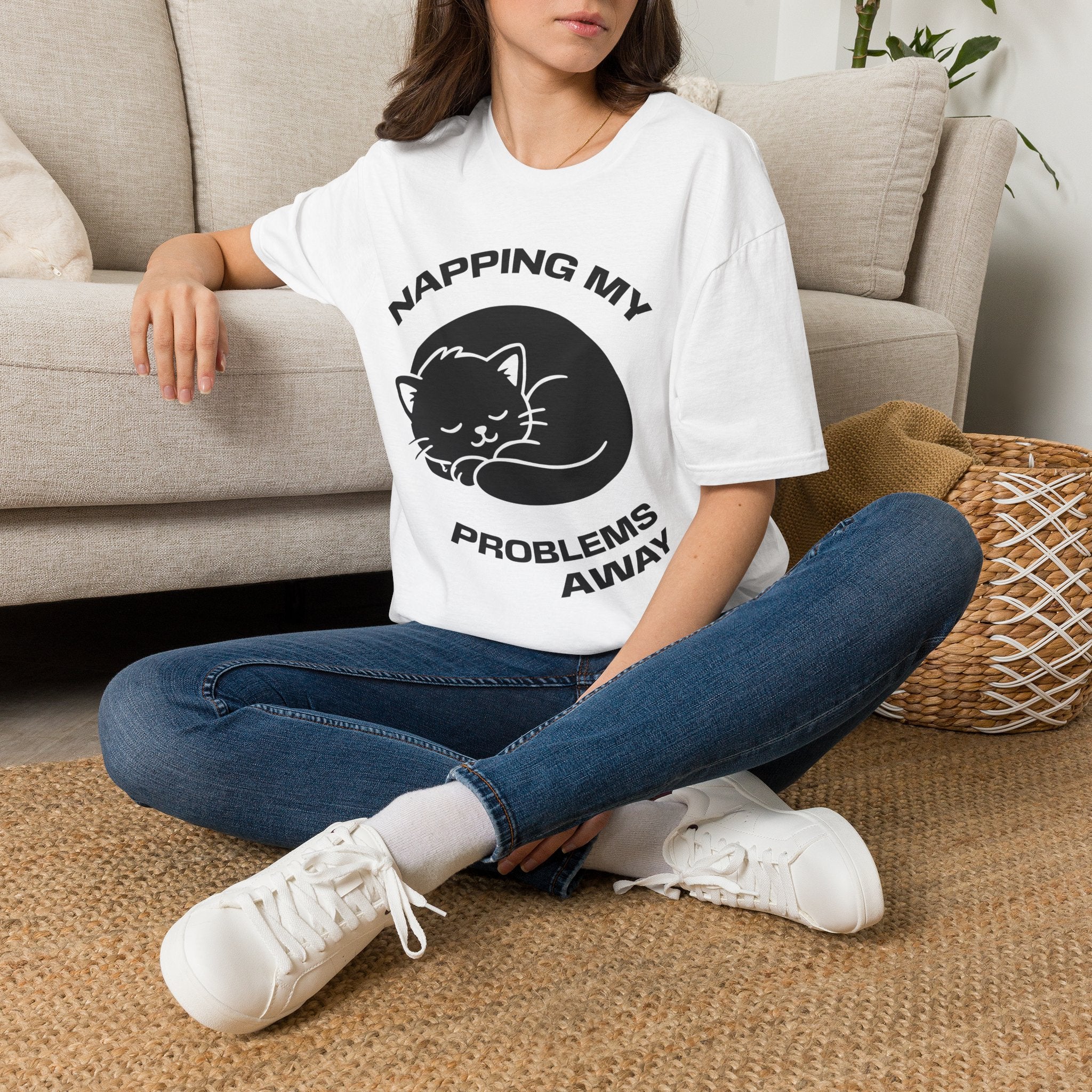 T-Shirt — 'NAPPING MY PROBLEMS AWAY' Tired Cat Graphic Tee (Tired jokes)