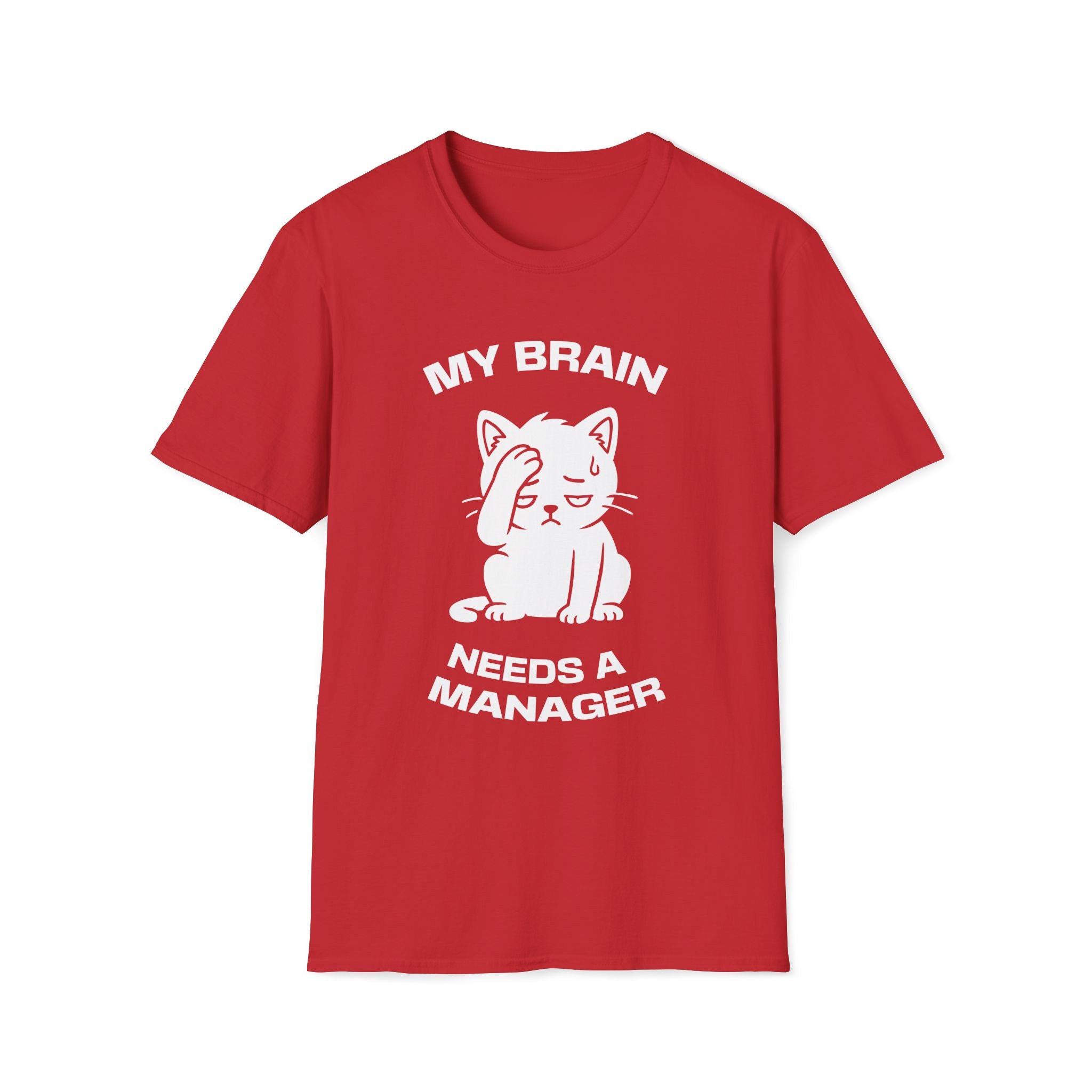 T-Shirt — 'My Brain Needs a Manager' Tired Cat Graphic Tee (Tired jokes)
