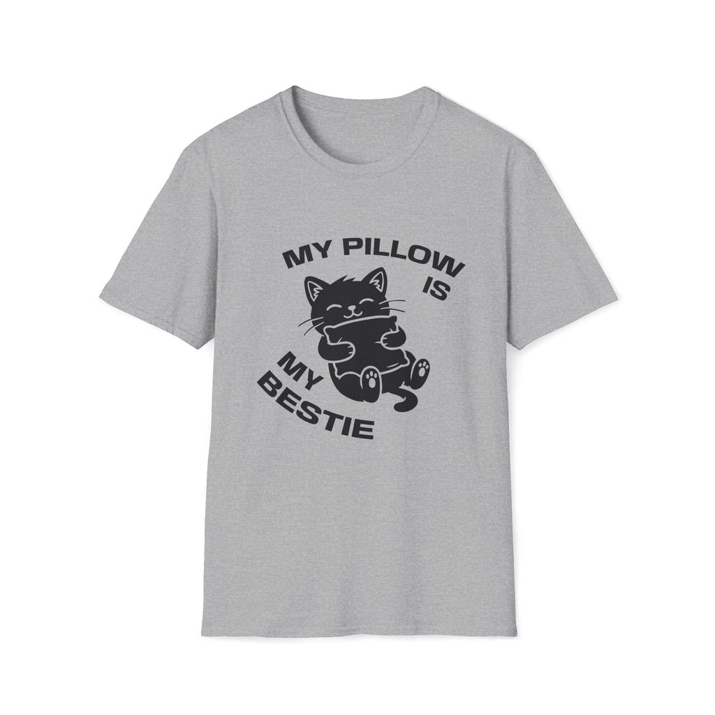 T-Shirt — 'My Pillow Is My Bestie' Tired Cat Graphic Tee (Tired jokes)