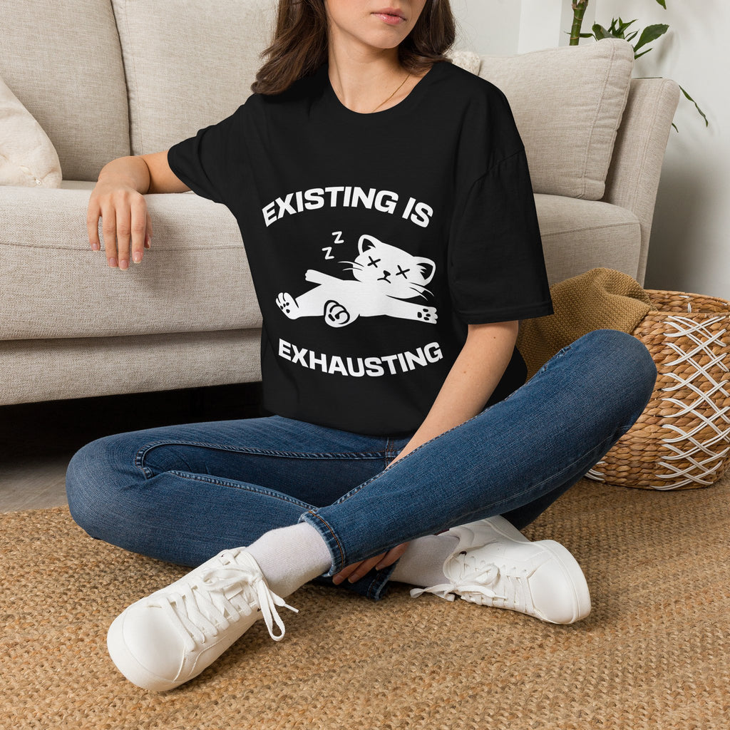 T-Shirt — 'Existing is Exhausthing ' Tired Cat Graphic Tee (Tired jokes)