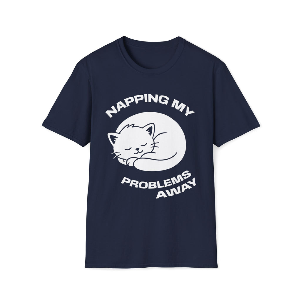 T-Shirt — 'NAPPING MY PROBLEMS AWAY' Tired Cat Graphic Tee (Tired jokes)