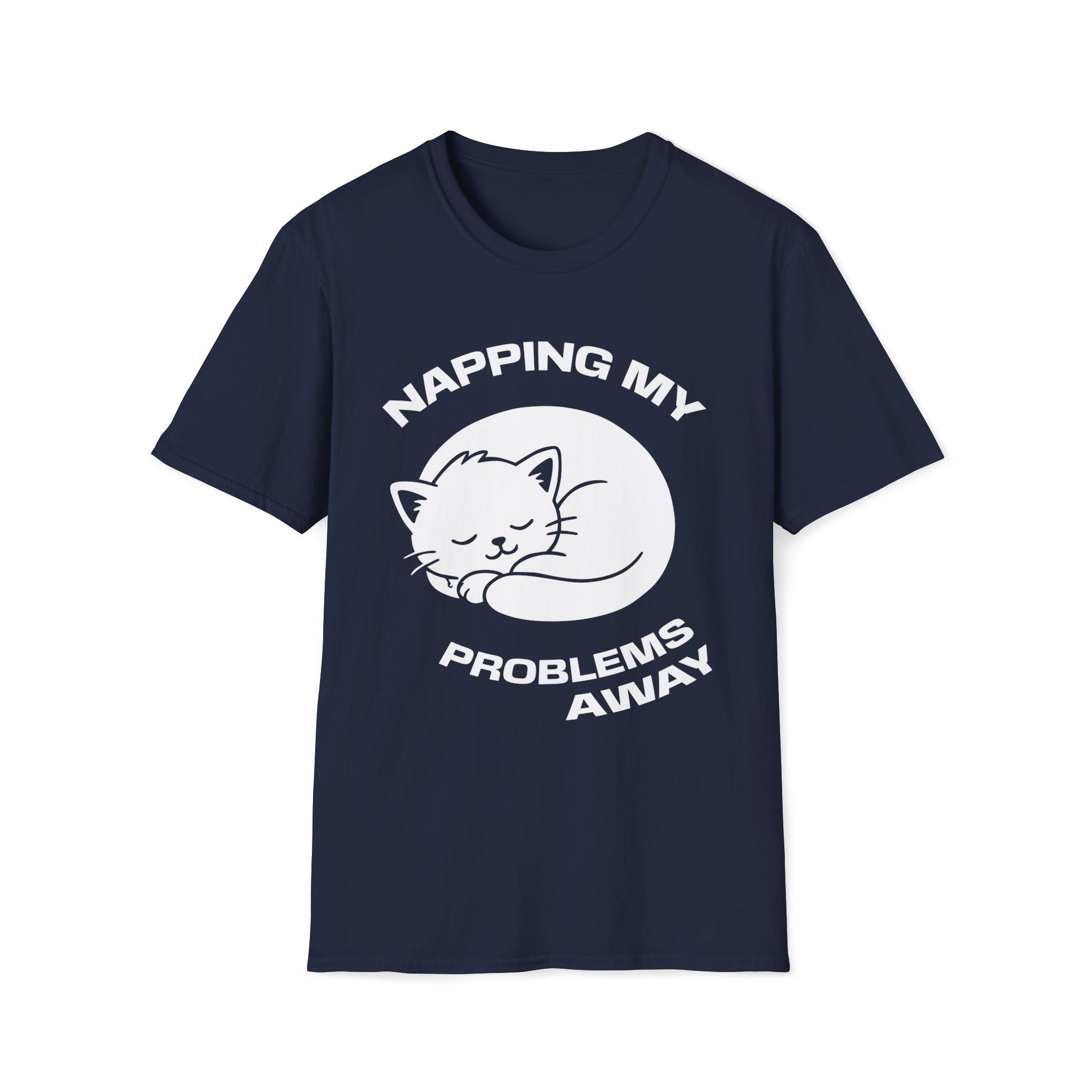 T-Shirt — 'NAPPING MY PROBLEMS AWAY' Tired Cat Graphic Tee (Tired jokes)
