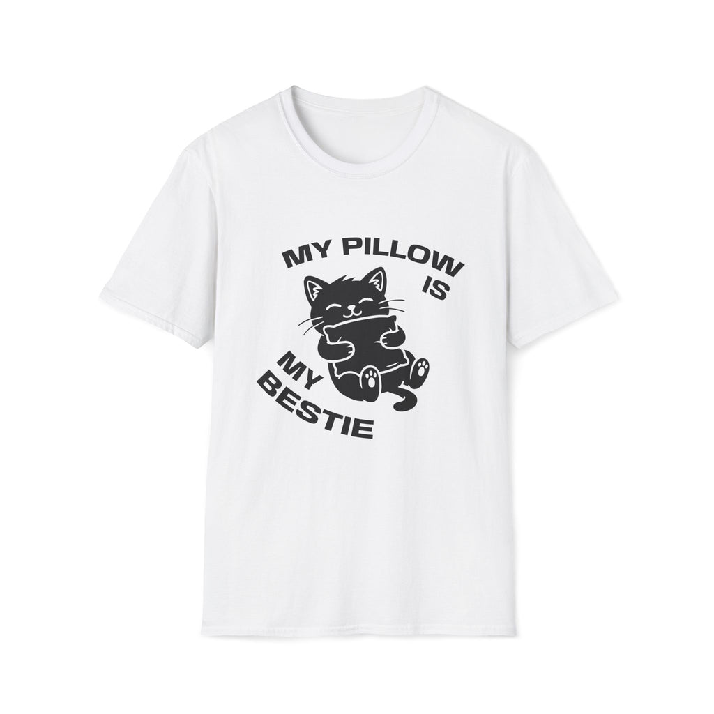 T-Shirt — 'My Pillow Is My Bestie' Tired Cat Graphic Tee (Tired jokes)