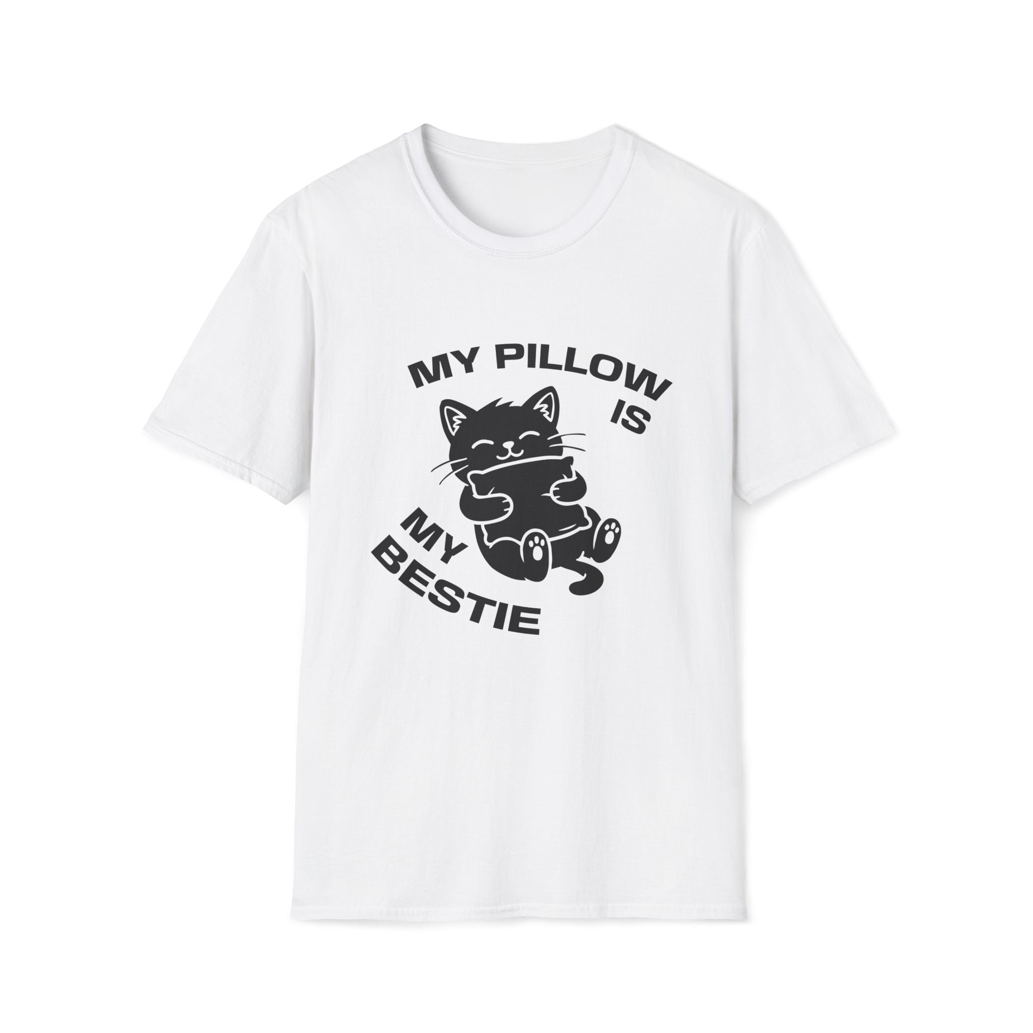 T-Shirt — 'My Pillow Is My Bestie' Tired Cat Graphic Tee (Tired jokes)
