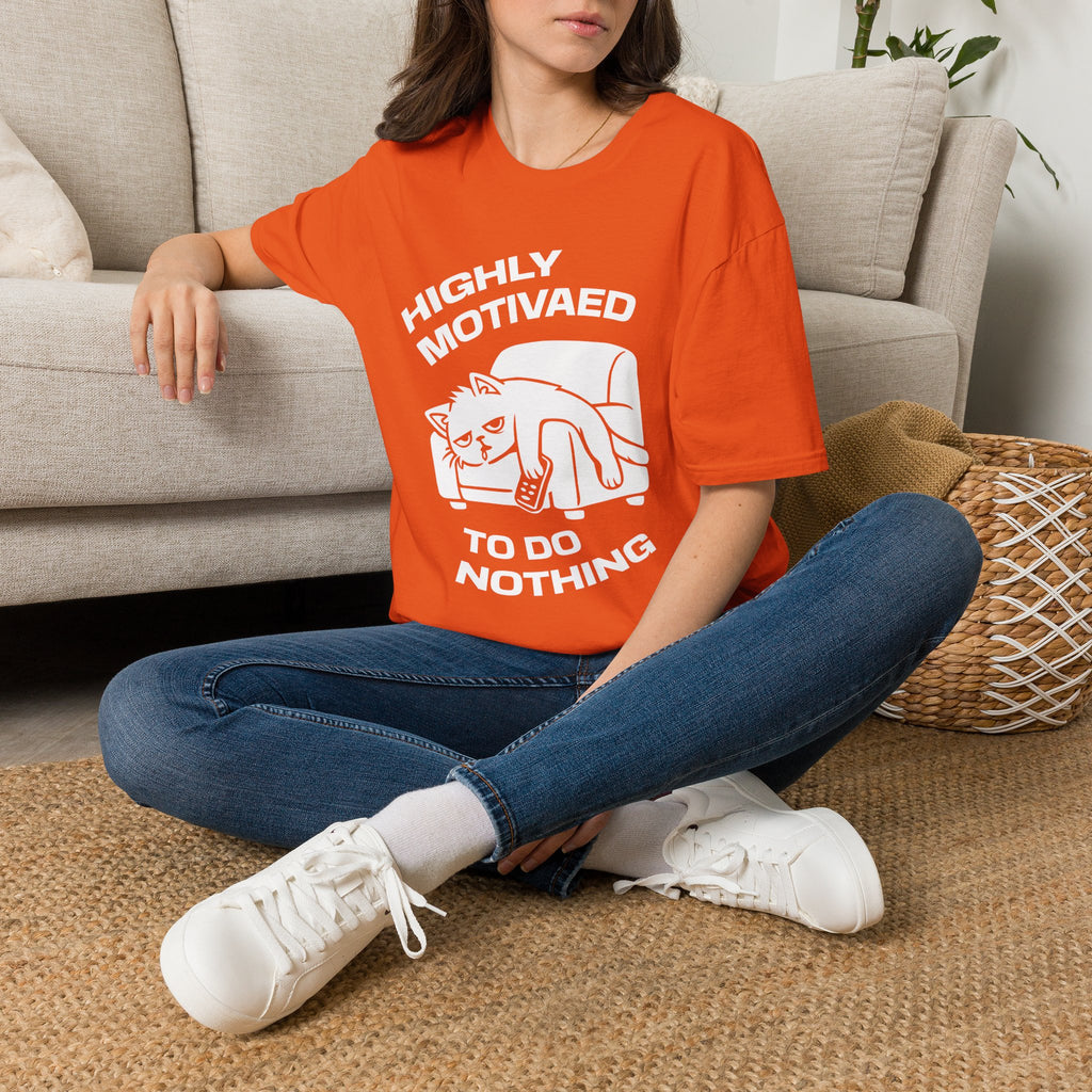 T-Shirt — 'HIGHLY MOTIVATED TO DO NOTHING' Tired Cat Graphic Tee (Tired jokes)