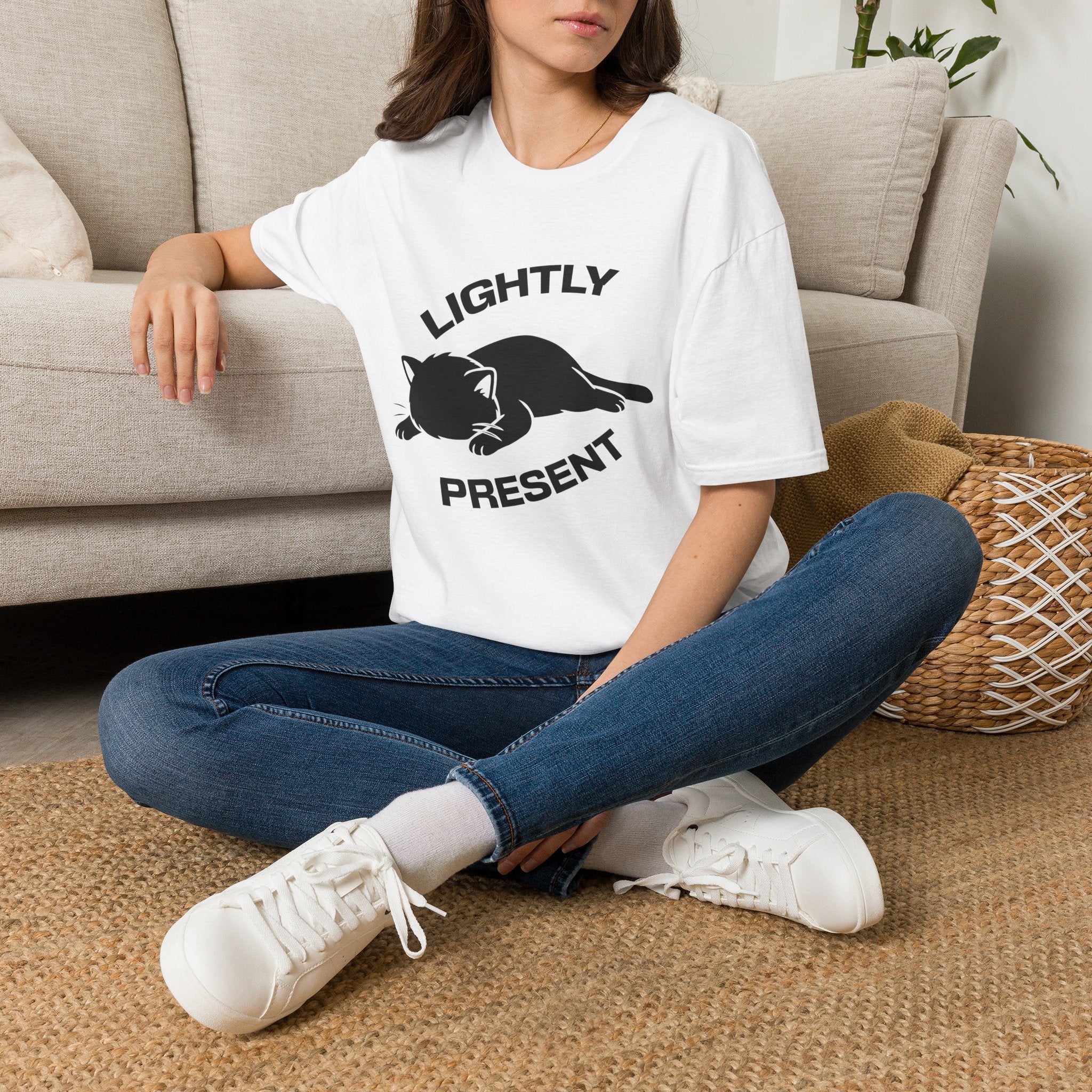 T-Shirt — 'Lightly Present' Tired Cat Graphic Tee (Tired jokes)