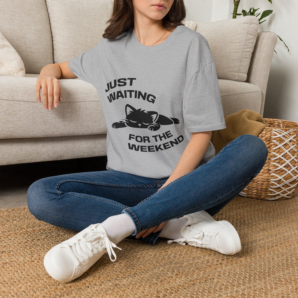 T-Shirt — 'JUST WAITING FOR THE WEEKEND' Tired Cat Graphic Tee (Tired jokes)
