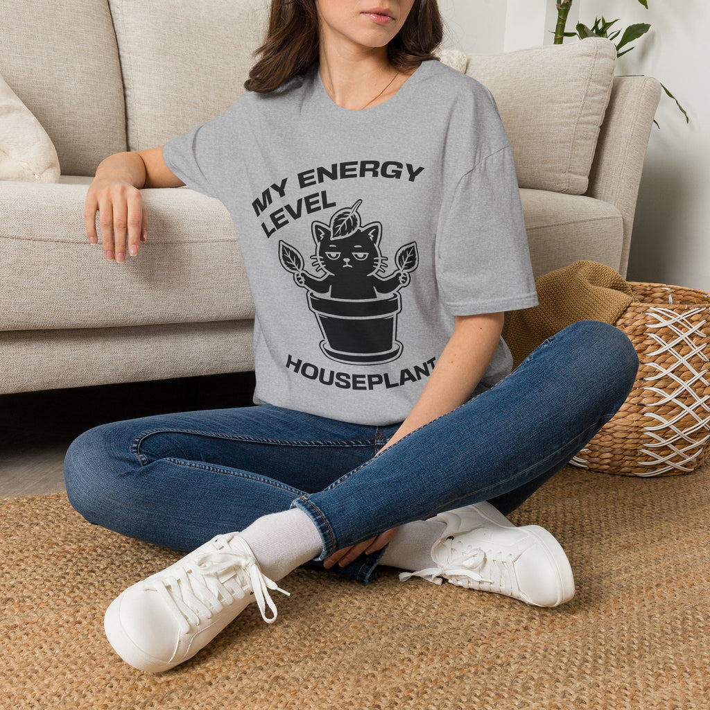 T-Shirt — 'ENERGY LEVEL HOUSEPLANT' Tired Cat Graphic Tee (Tired jokes)