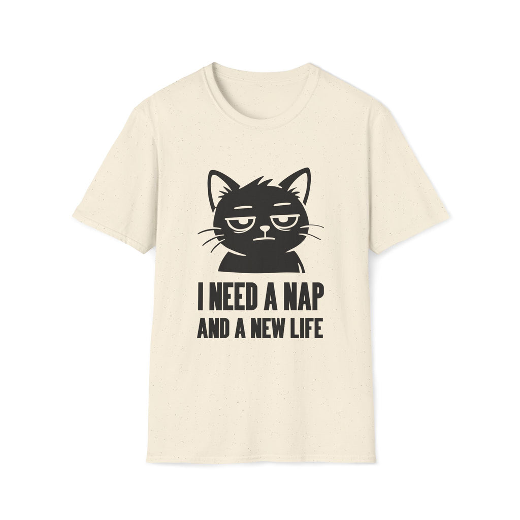 T-Shirt — 'I NEED A NAP AND A NEW LIFE' Tired Cat Graphic Tee (Tired jokes)