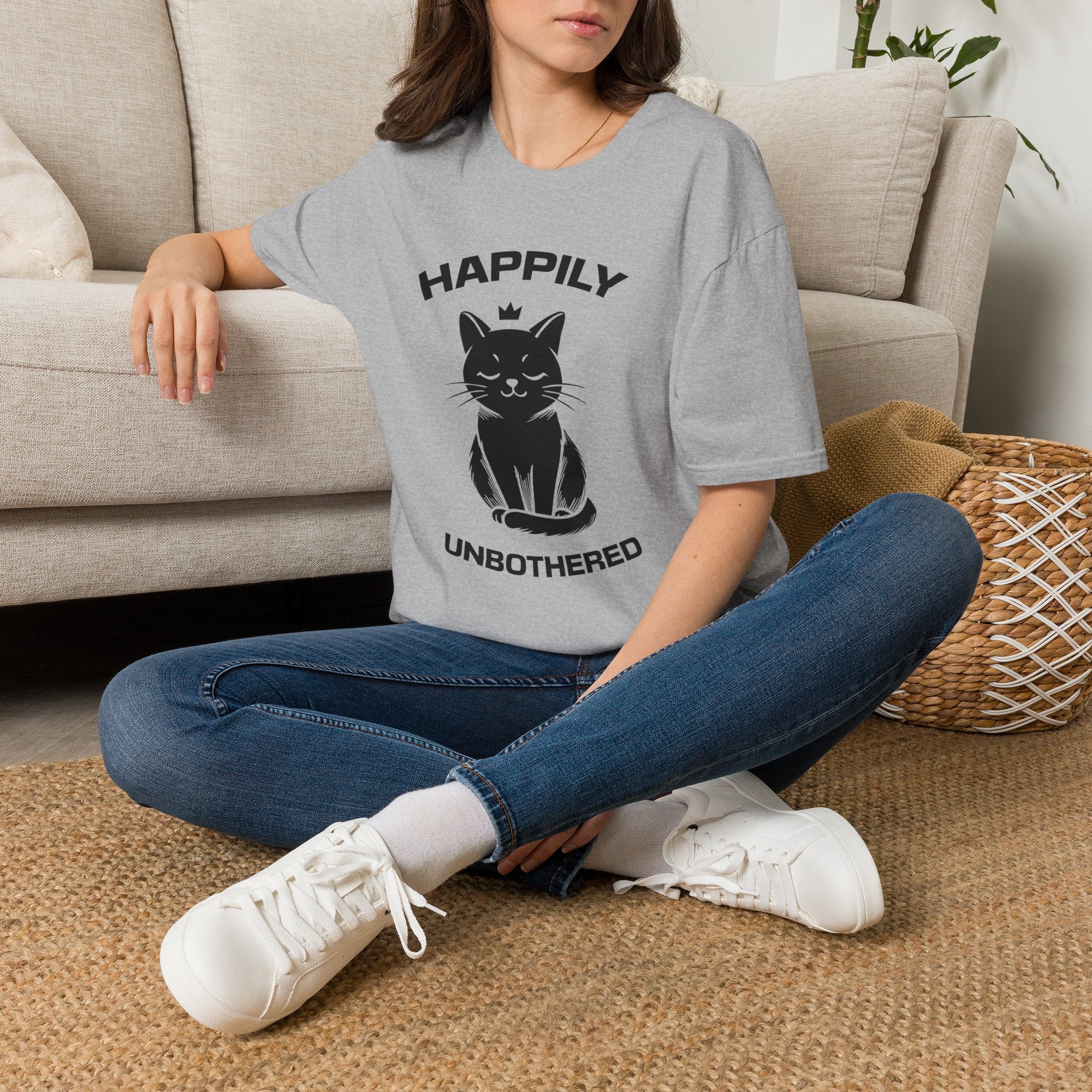 T-Shirt — 'Happily Unbothered' Tired Cat Graphic Tee (Tired jokes)