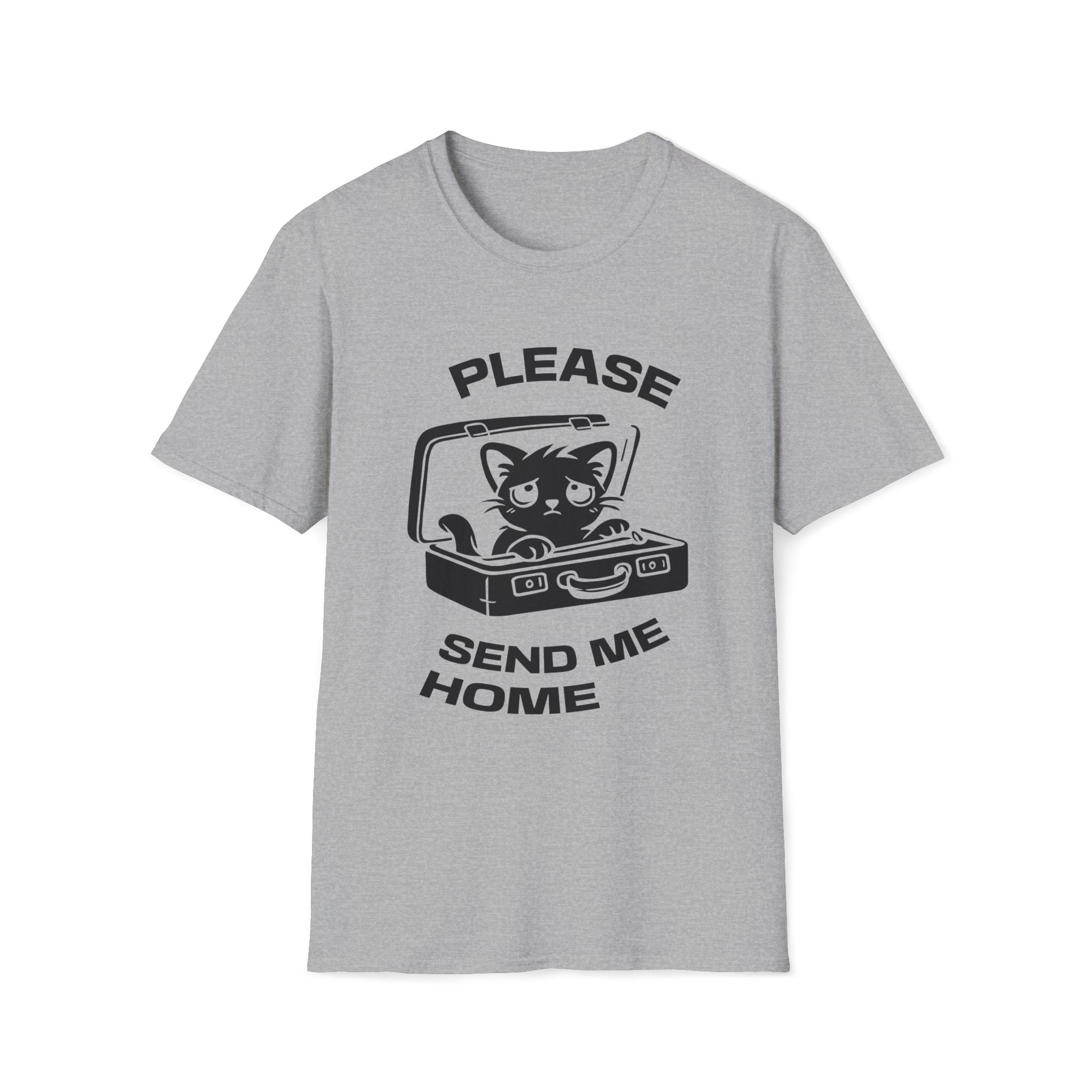 T-Shirt — 'PLEASE SEND ME HOME' Tired Cat Graphic Tee (Tired jokes)