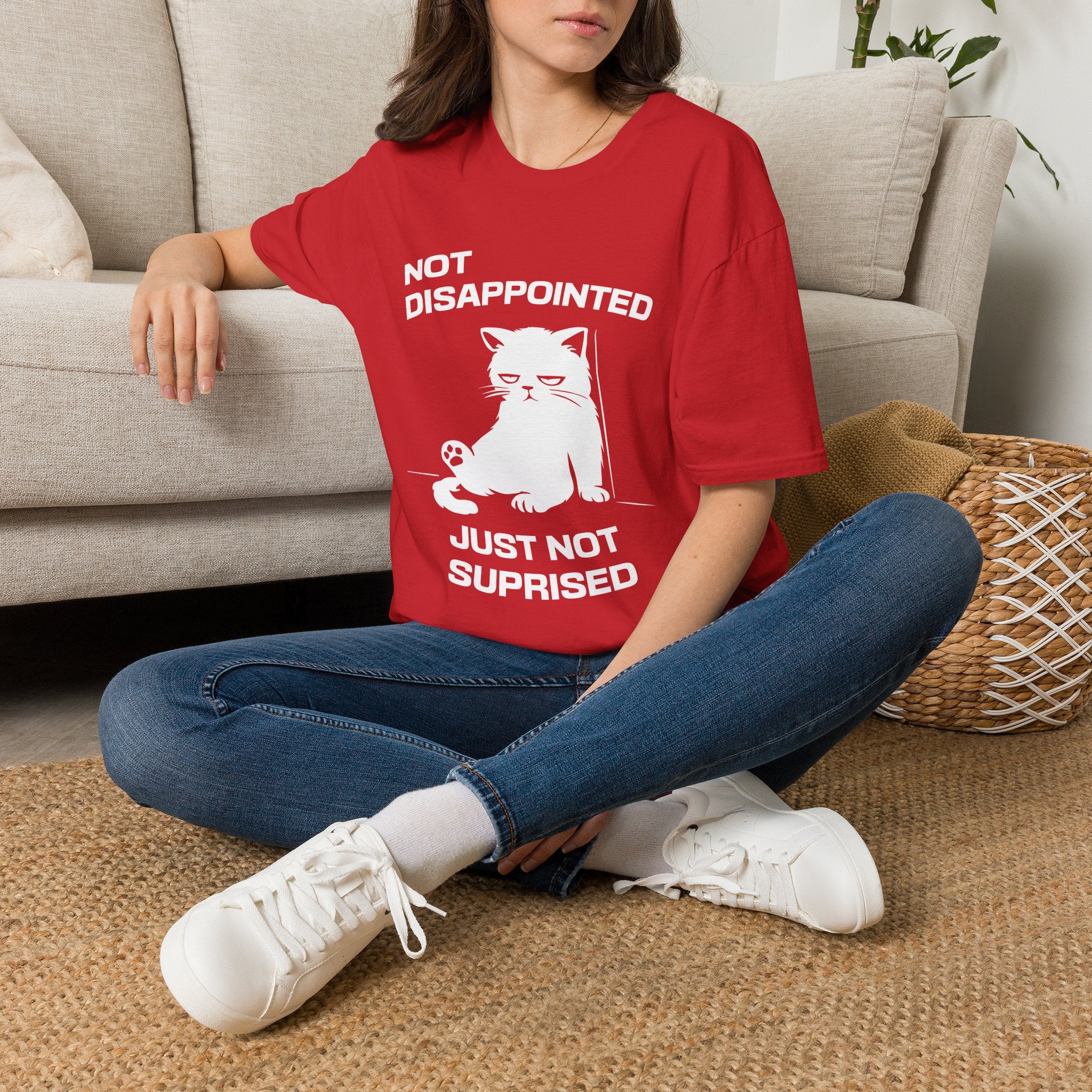 T-Shirt — 'Not Disappointed Just Not Surprised' Tired Cat Graphic Tee (Tired jokes)