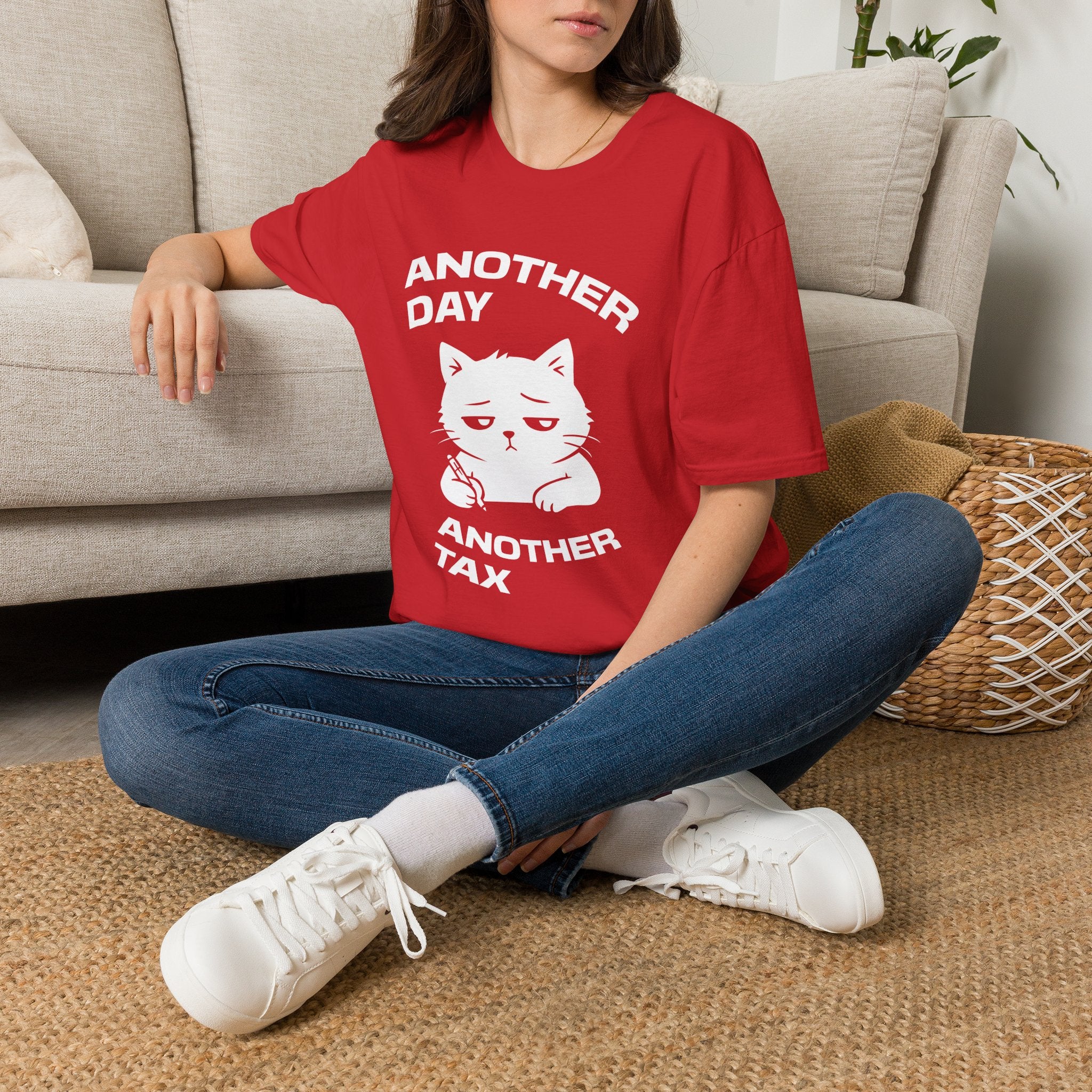 T-Shirt — 'ANOTHER DAY ANOTEHR TAX' Tired Cat Graphic Tee (Tired jokes)
