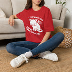 T-Shirt — 'LOW BATTERY LOW PATIENCE' Tired Cat Graphic Tee (Tired jokes)