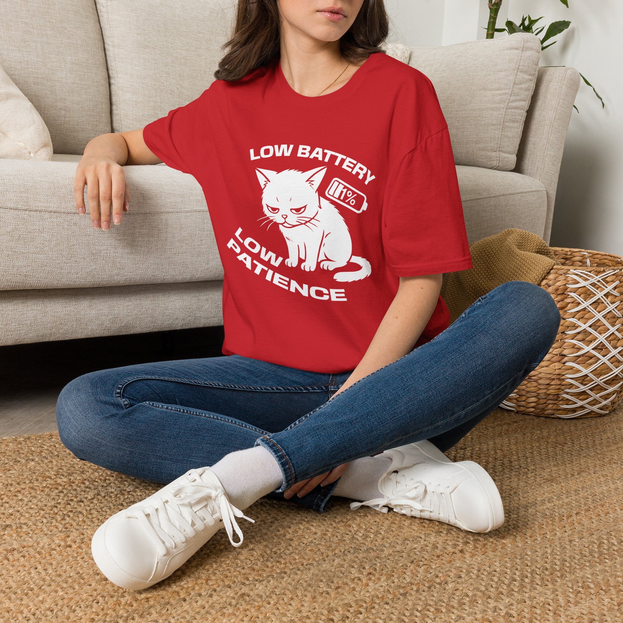 T-Shirt — 'LOW BATTERY LOW PATIENCE' Tired Cat Graphic Tee (Tired jokes)